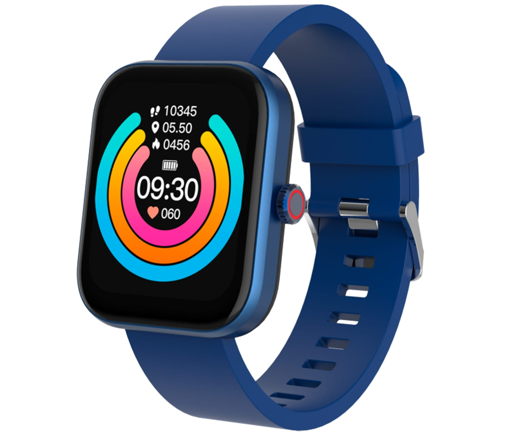 Niebieski smartwatch z niebieskim paskiem, pokazujący czas i wskaźniki aktywności.