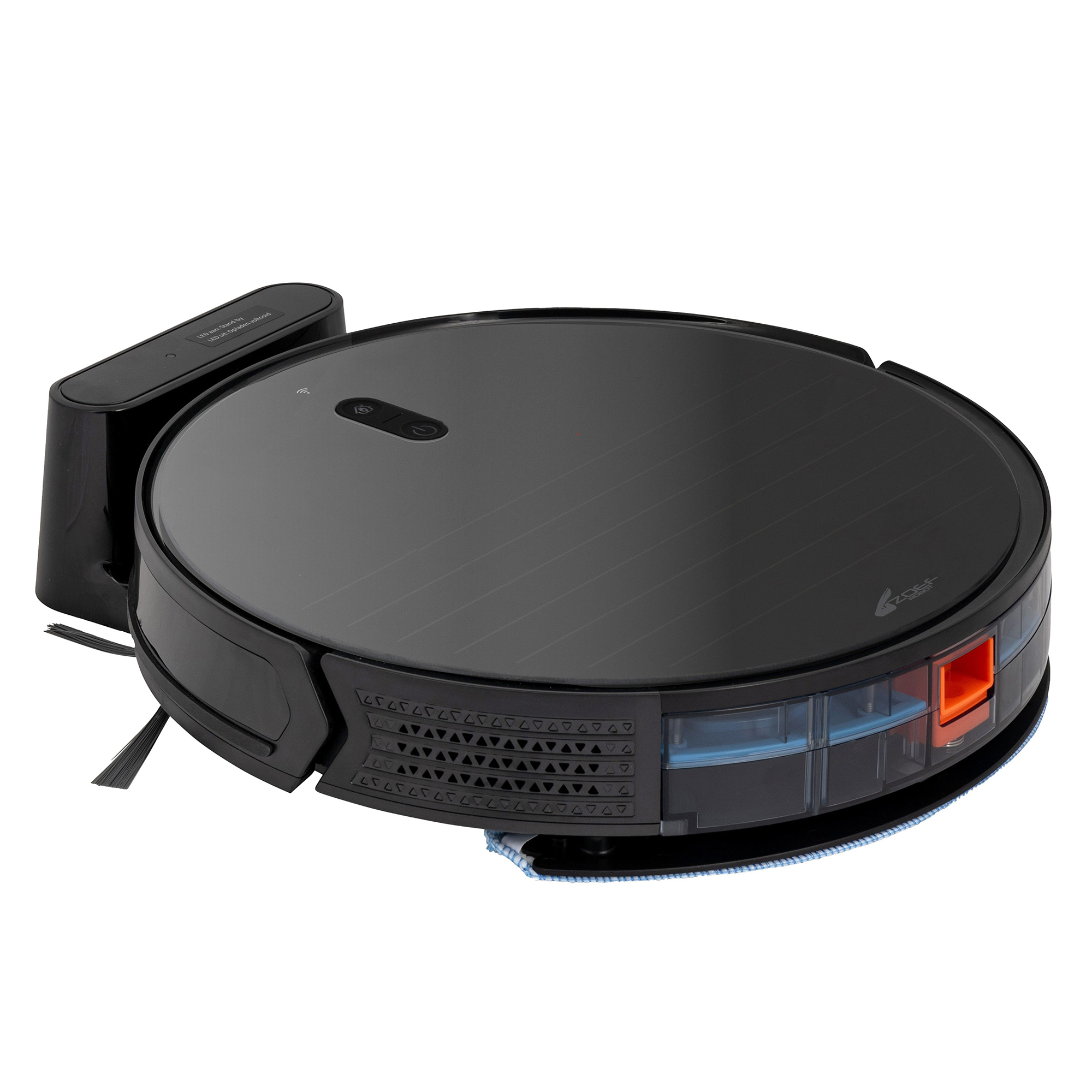 Black robot vacuum cleaner with a charging station. The cleaner is round and low profile.