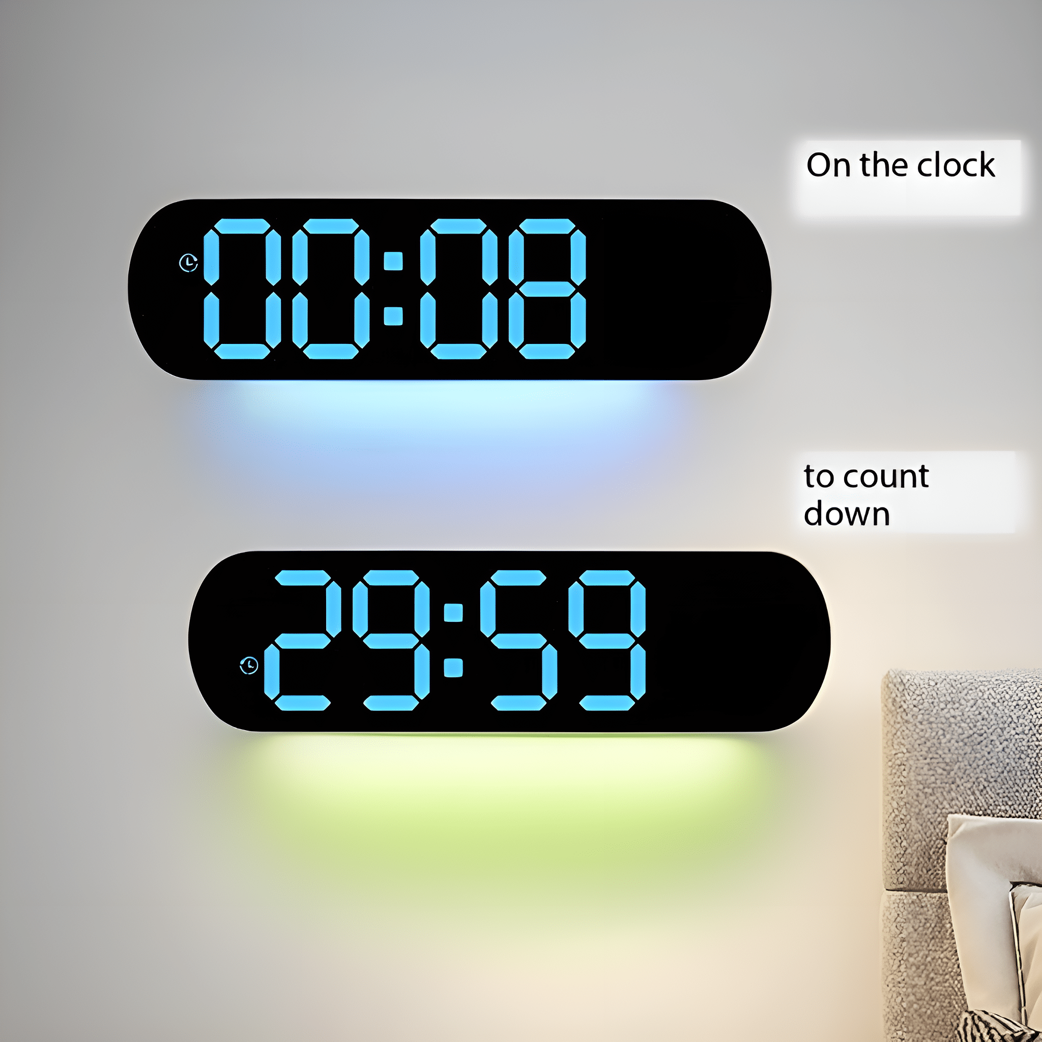 Zwei schwarze Digitaluhren. Eine zeigt 00:08, die andere 29:59. Eine zählt hoch, die andere runter.