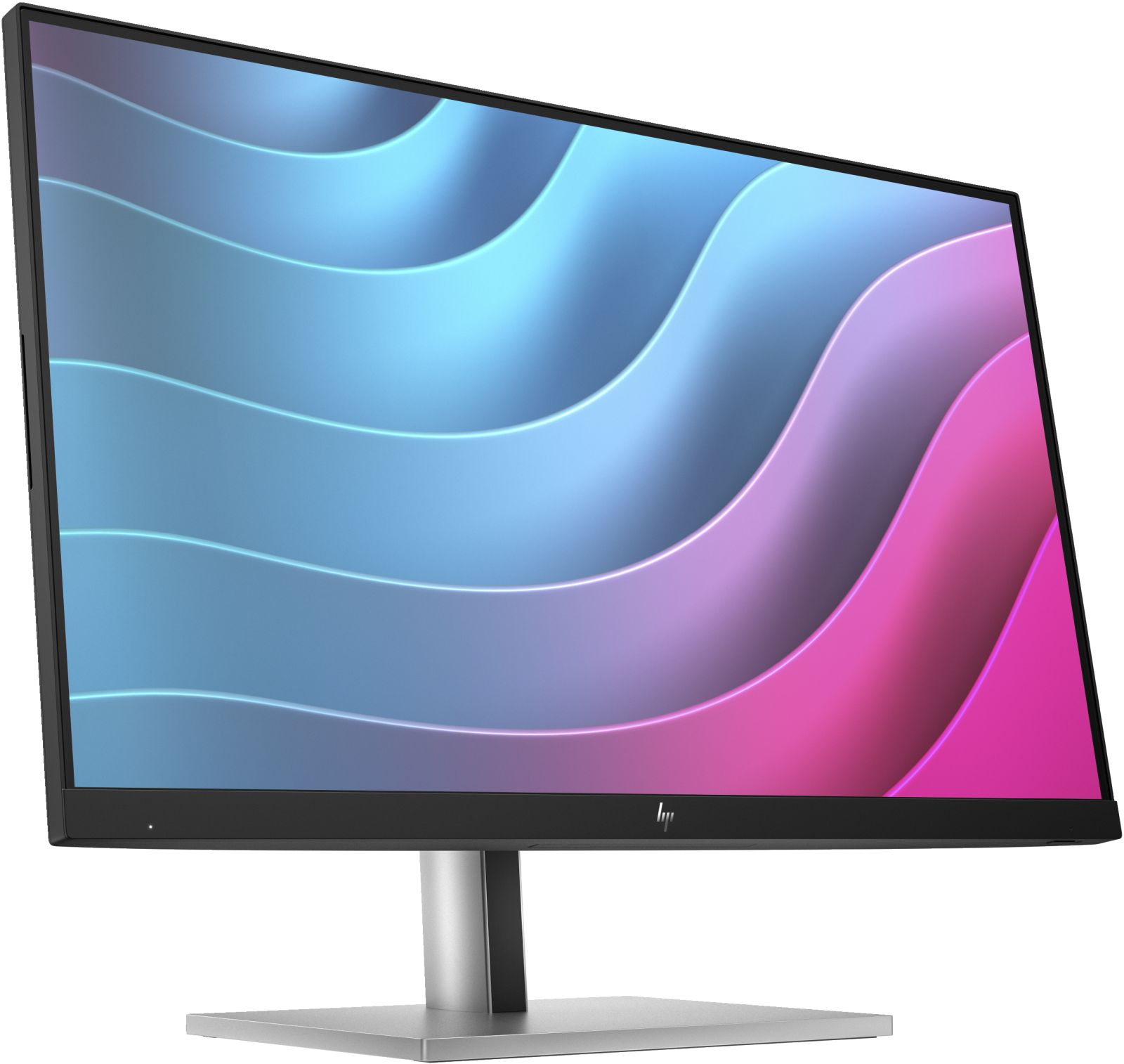 Ein Computermonitor, nach links abgewinkelt, zeigt ein farbenfrohes abstraktes Wellendesign.