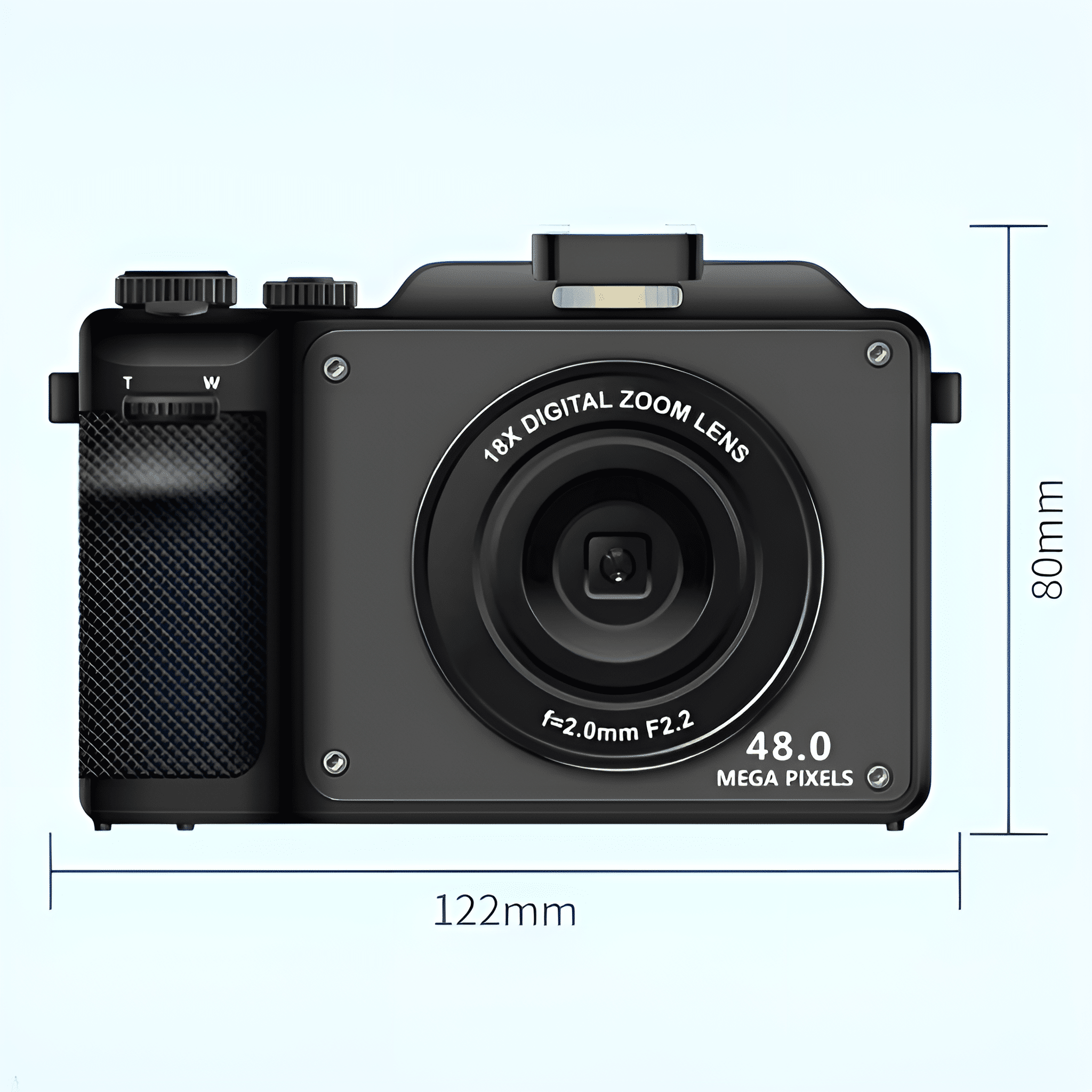 Schwarze Digitalkamera mit Abmessungen, beschriftet mit 122mm und 80mm. Hellblauer Hintergrund.