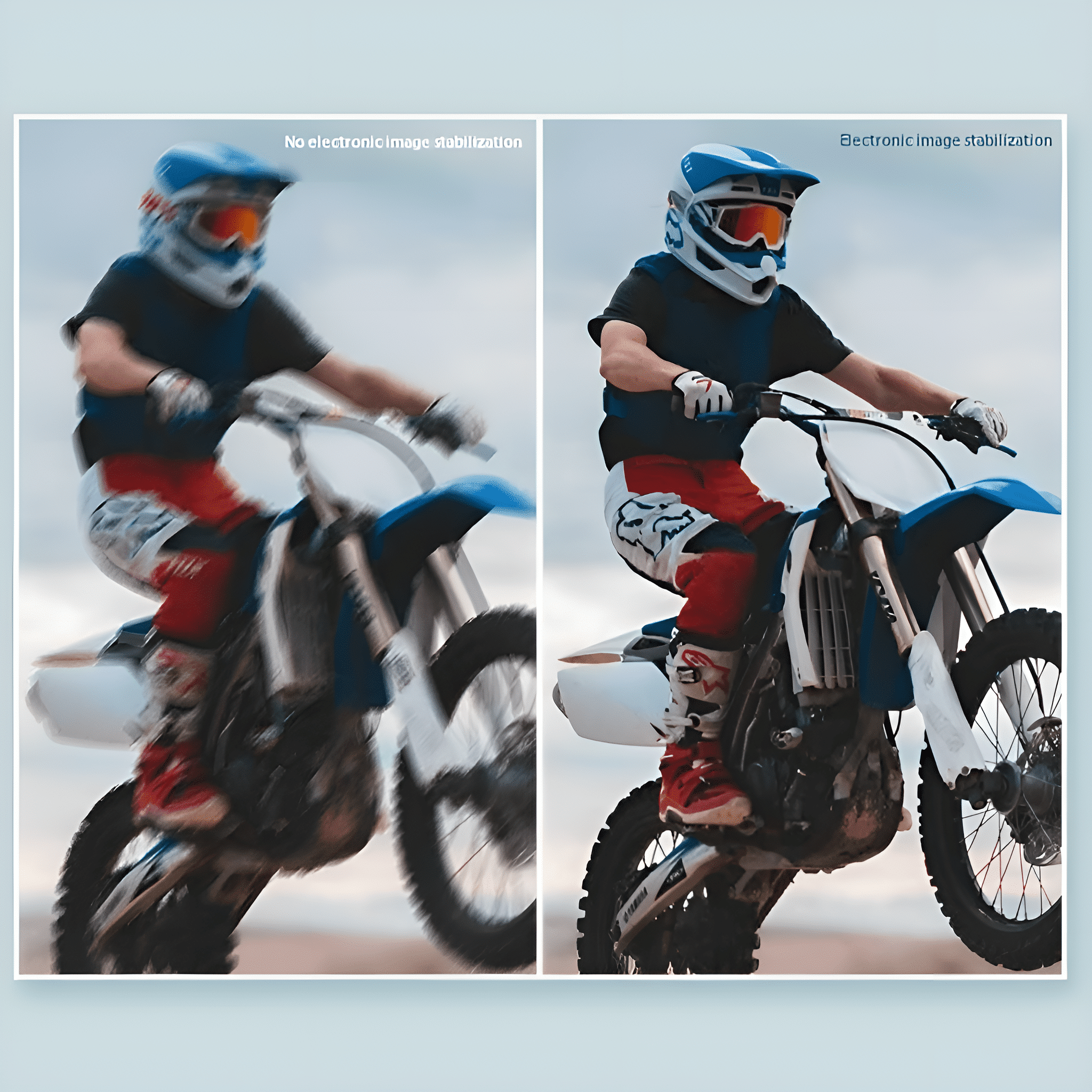 Zwei Bilder eines Motocross-Fahrers. Links: Bildstabilisierung aus, unscharf. Rechts: Bildstabilisierung an, klar.