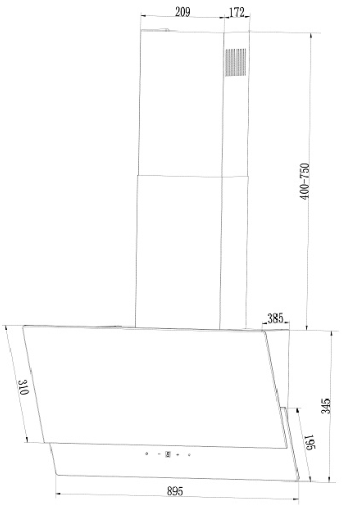 Een technische tekening van een afzuigkap met afmetingen in millimeters.