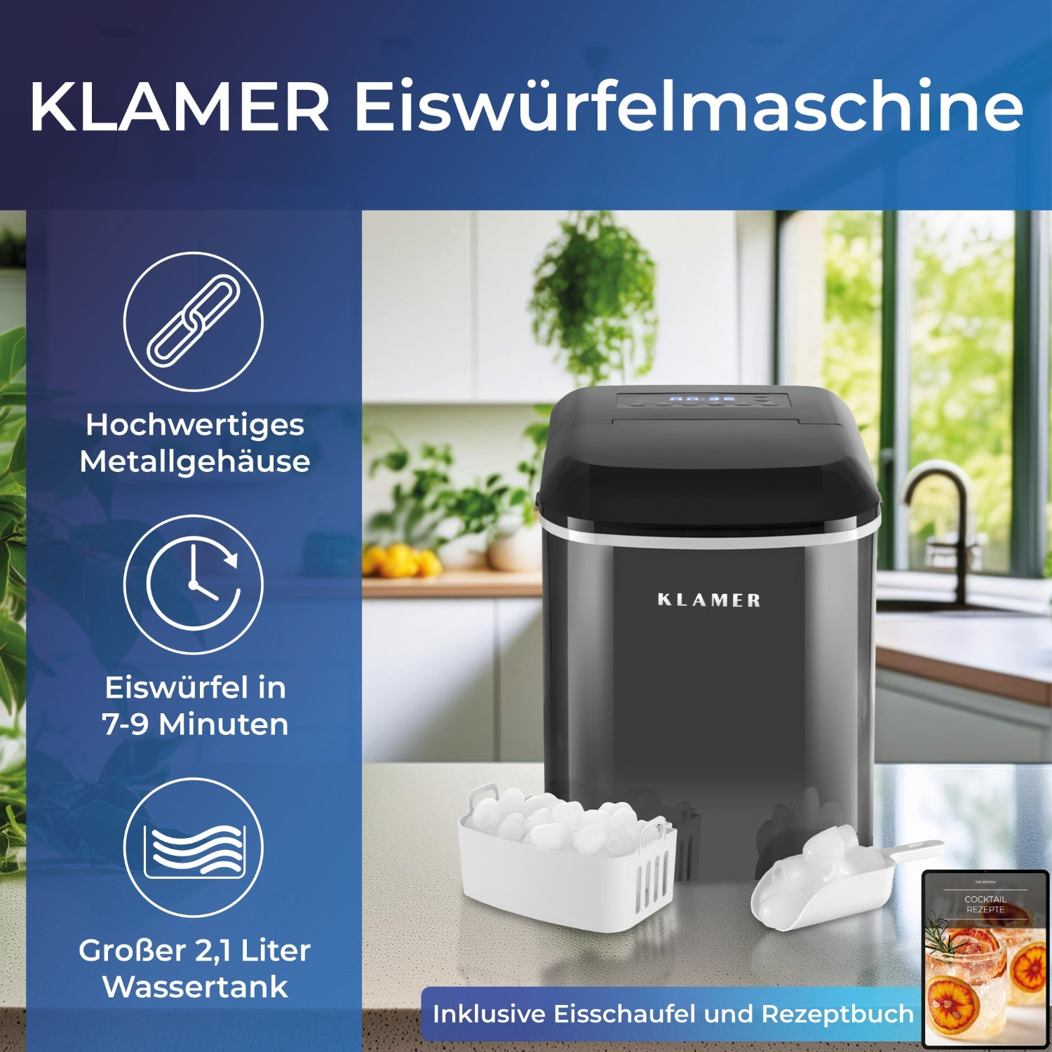 Schwarzer Eisbereiter mit einem weißen Behälter mit Eiswürfeln. Text und Symbole links.