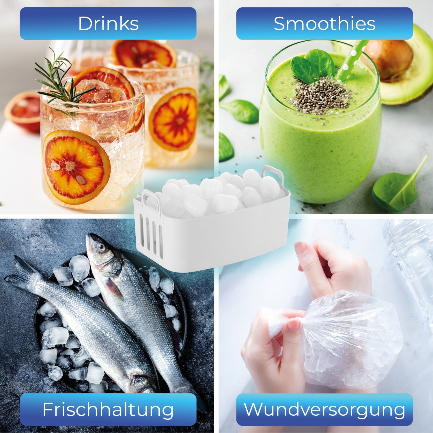 Eine Collage von Bildern, die Getränke, Smoothies, Eis und Eis auf einer Hand zeigen.