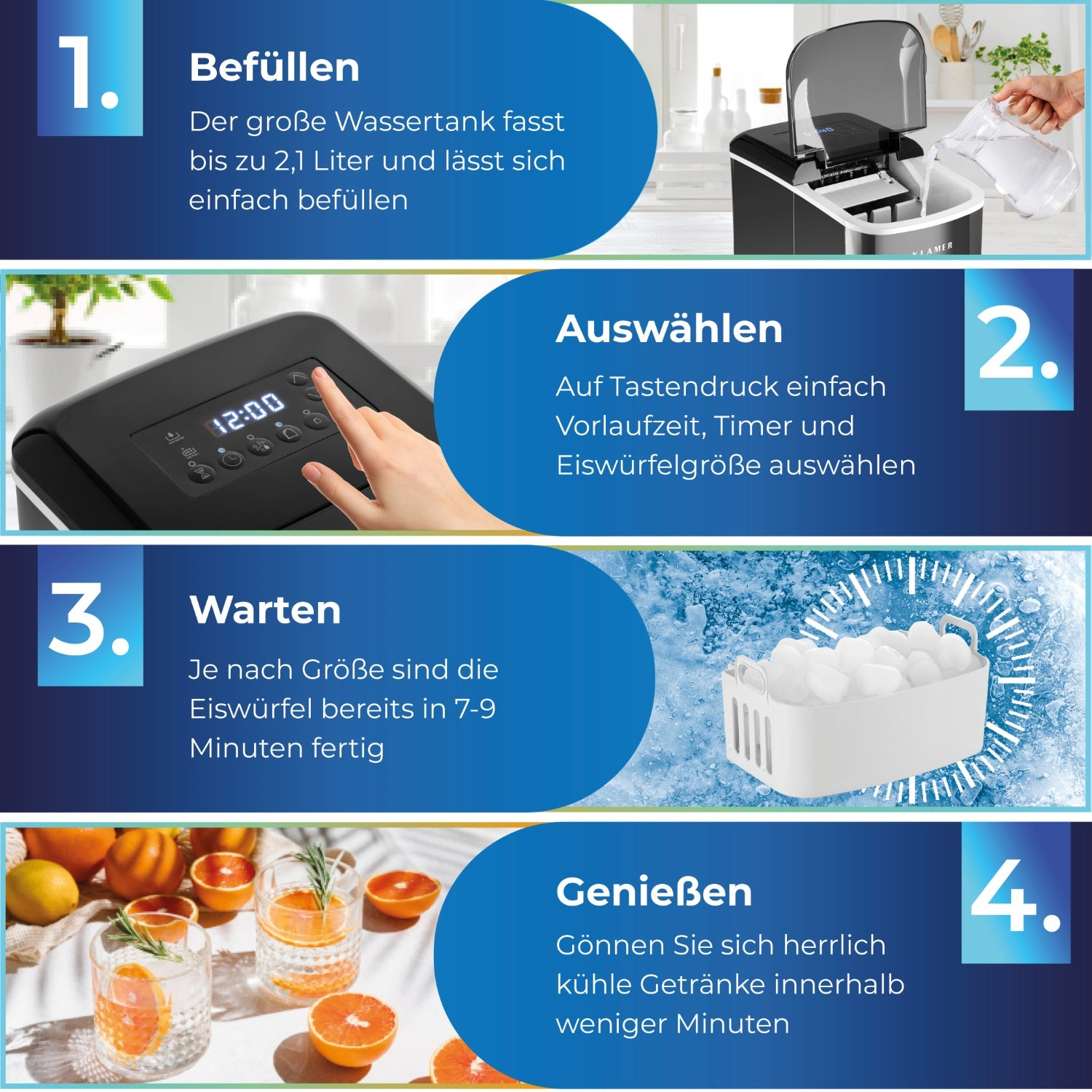 Eine 4-Schritte-Anleitung zur Verwendung eines Eismaschine. Zeigt Befüllen, Auswählen, Warten und Genießen.