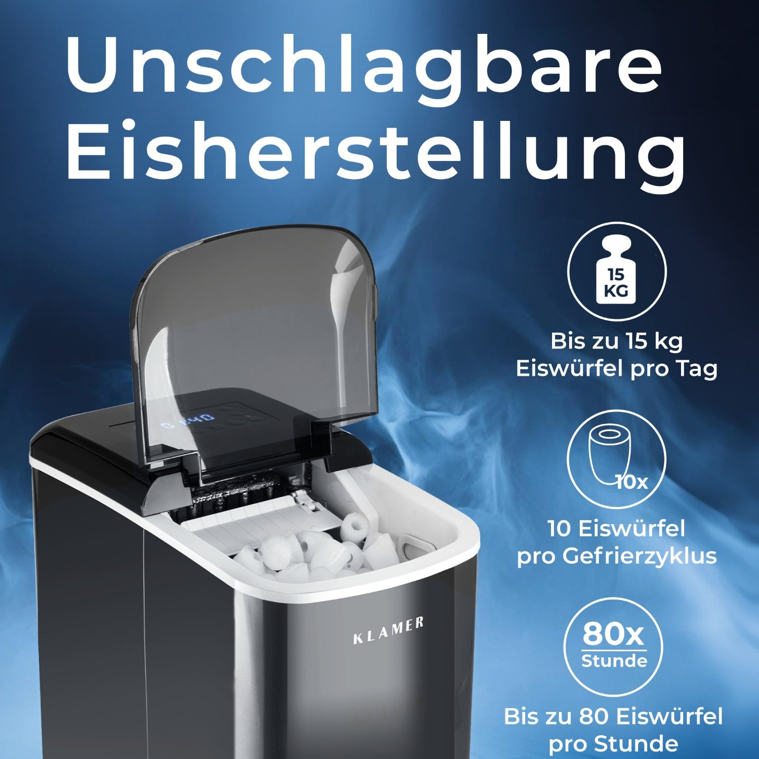 Schwarzer und silberner Eisbereiter, offen, mit Eiswürfeln. Text oben, an der Seite und innen.