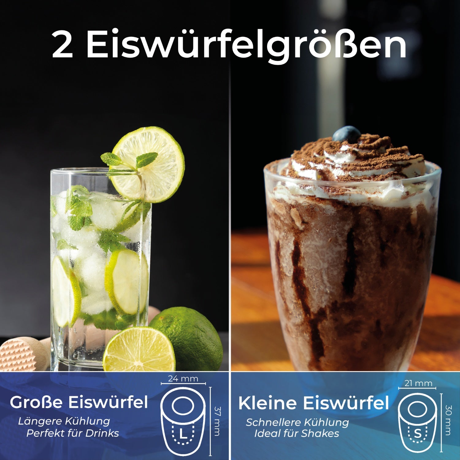 Zwei Gläser mit Getränken und Eiswürfeln. Eines hat Limette und Minze, das andere Schokolade.