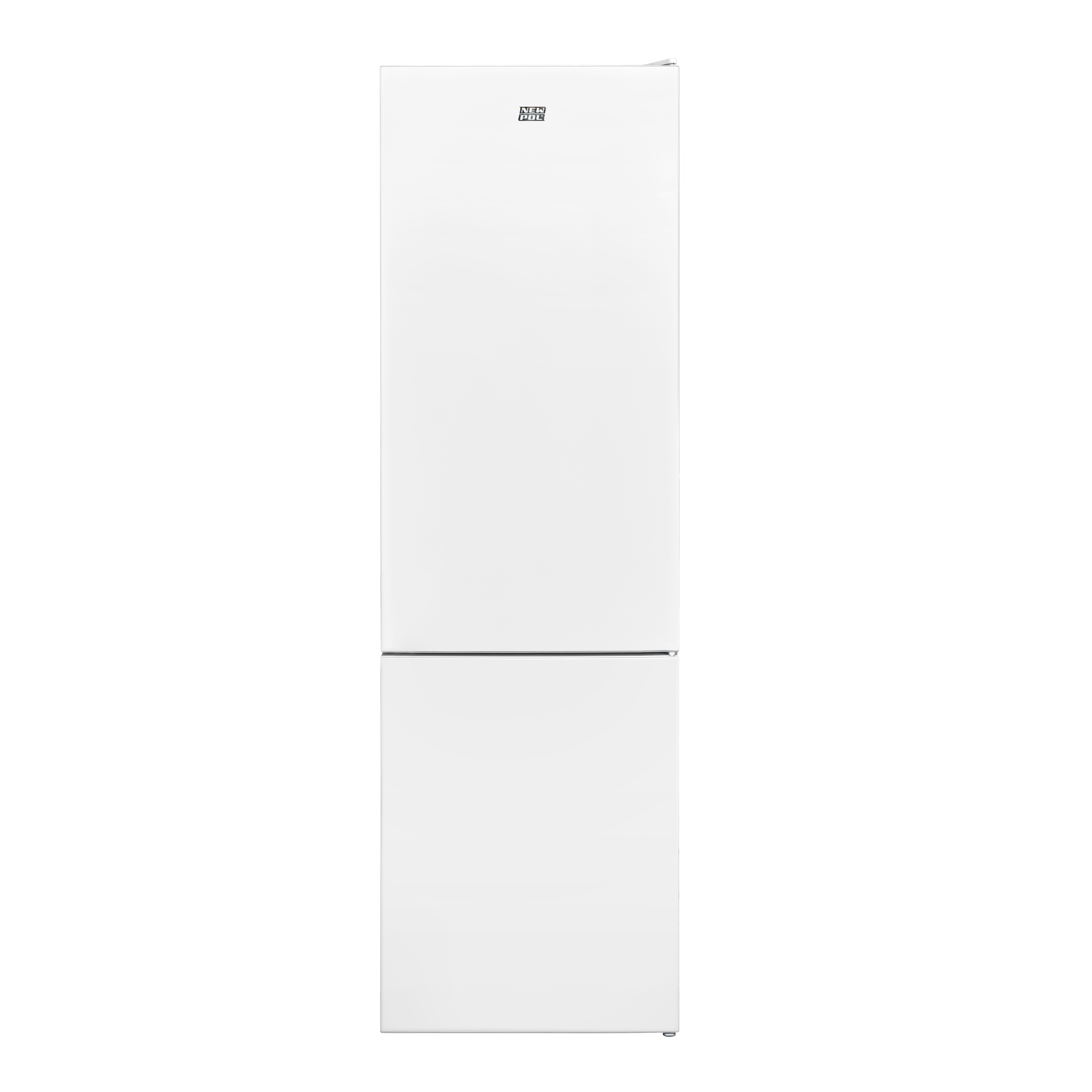 Frigorífico blanco con dos puertas, una arriba y otra abajo.