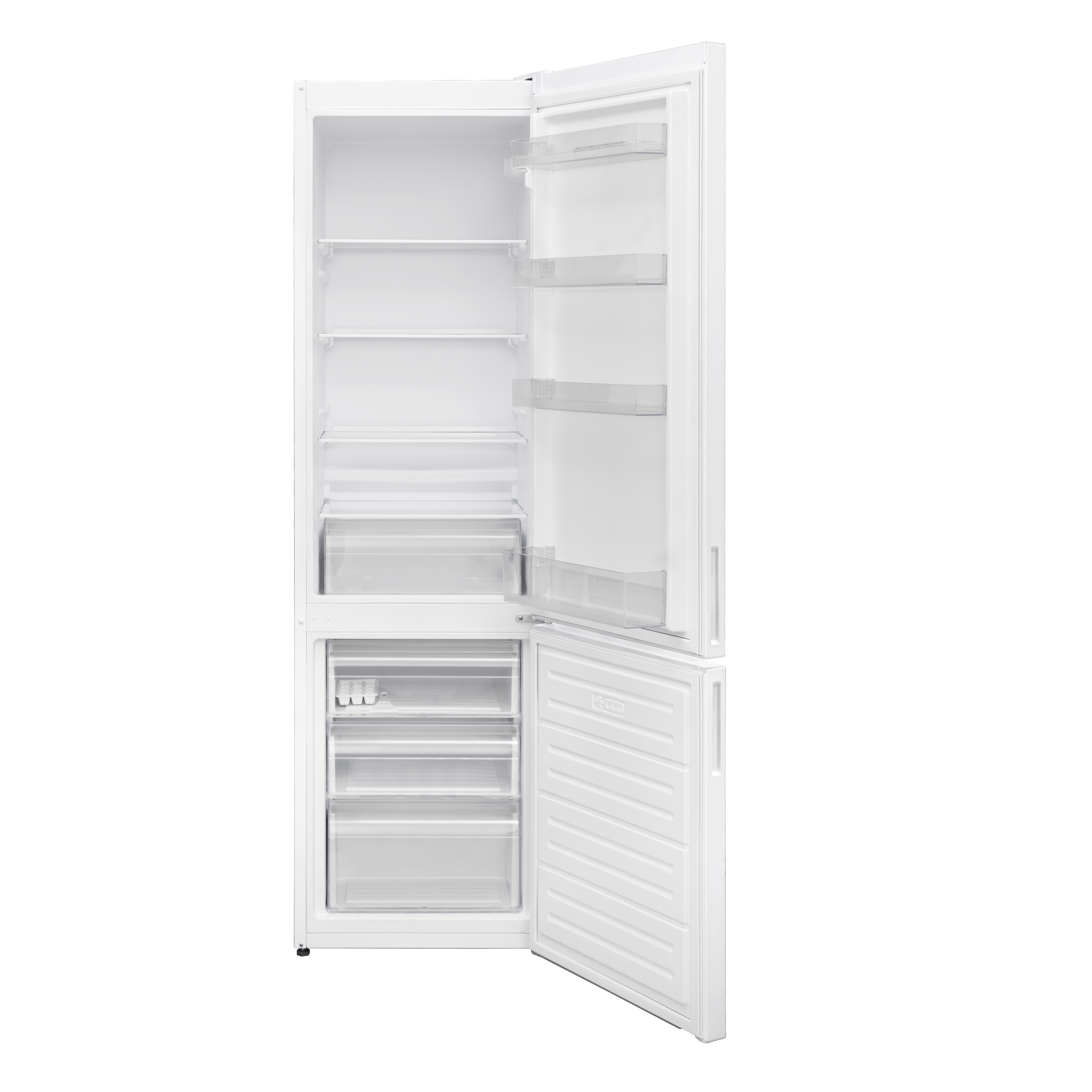 Un frigorífico blanco con la puerta abierta, que revela estantes y cajones en su interior.