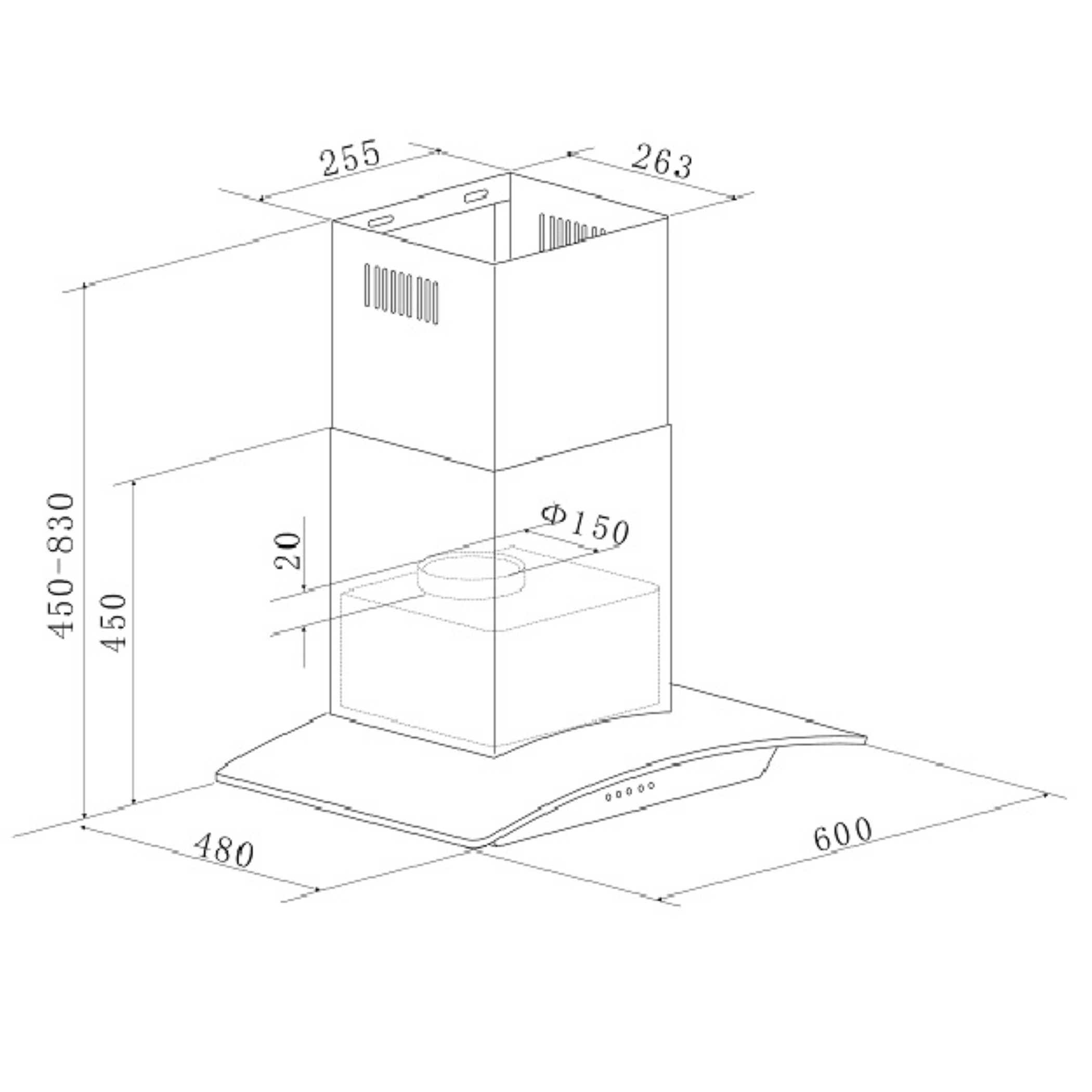 Ein Diagramm einer Dunstabzugshaube mit Abmessungen. Es ist eine technische Zeichnung in Schwarzweiß.