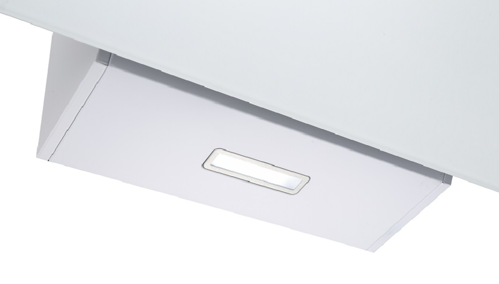 Apparecchio di illuminazione bianco e rettangolare. È montato sotto una superficie bianca.