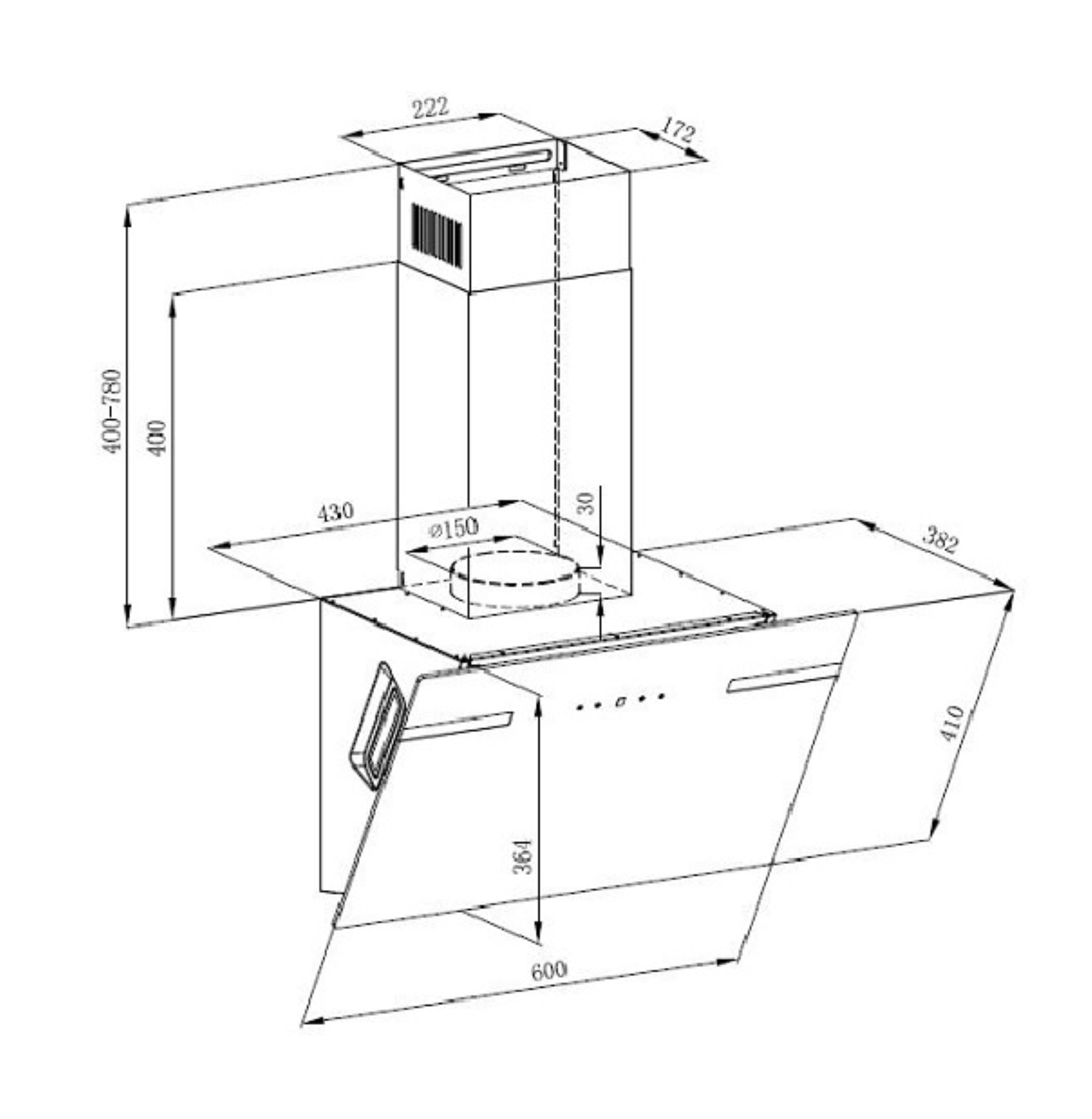 Eine Diagramm einer Dunstabzugshaube mit Maßen und technischen Details.