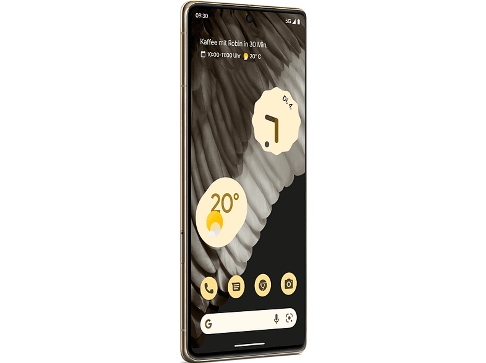 Nowoczesny smartfon z zegarem, pogodą i ikonami aplikacji na ciemnym tle.
