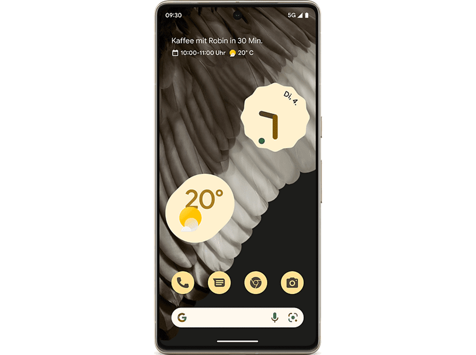 Ekran smartfona pokazujący spotkanie, kalendarz i pogodę. Telefon jest złoty.