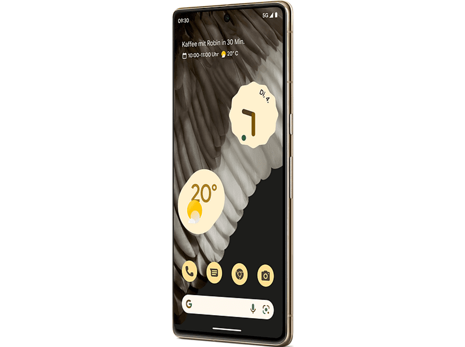 Złoty smartfon wyświetlający widżet pogody i kalendarz na ekranie.