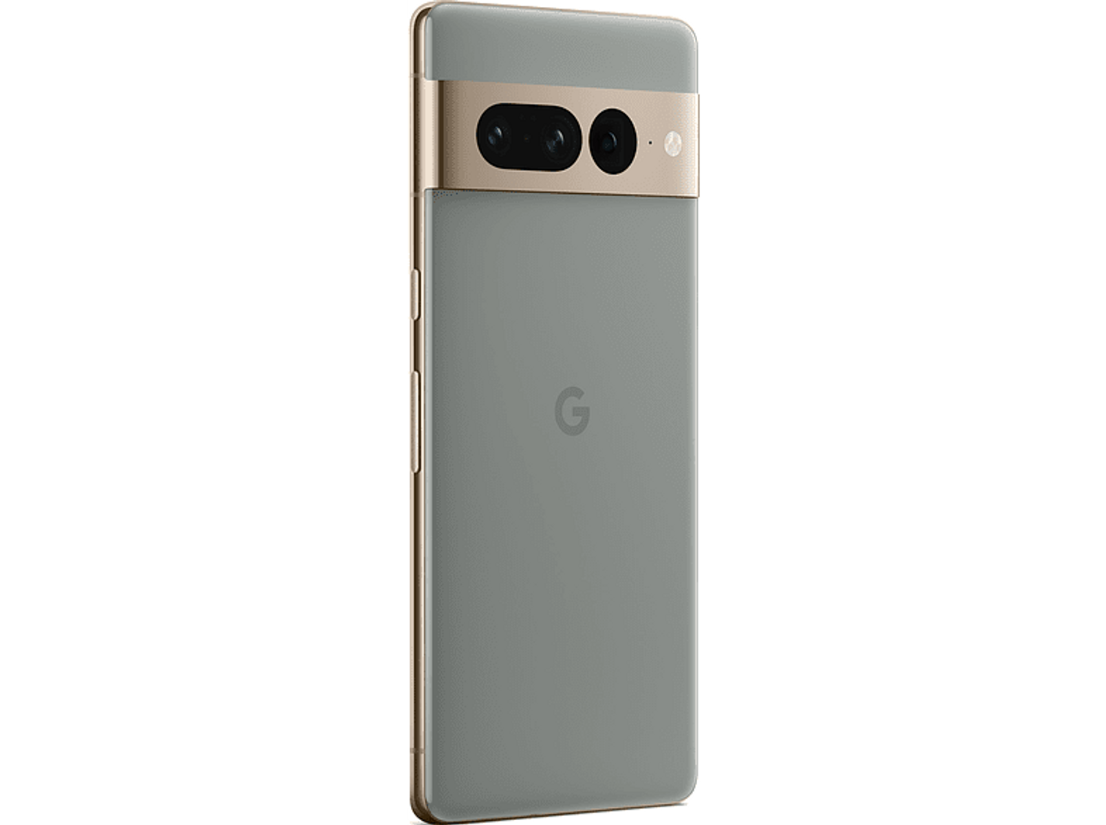 Szary i złoty smartfon, widok z tyłu, z logo Google, na czarnym tle.