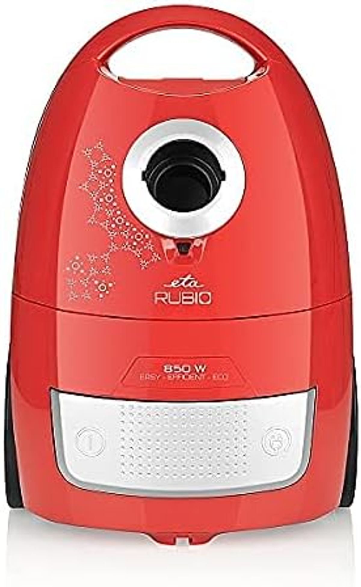 Aspirapolvere rosso. Ha una maniglia sulla parte superiore, un'apertura centrale e comandi bianchi. Il marchio è 'eta RUBIO'.