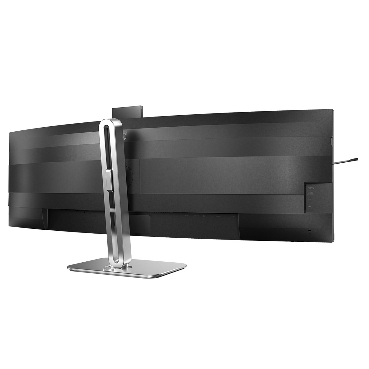 Widok z tyłu czarnego monitora ze srebrną podstawą. Ekran jest czarny.