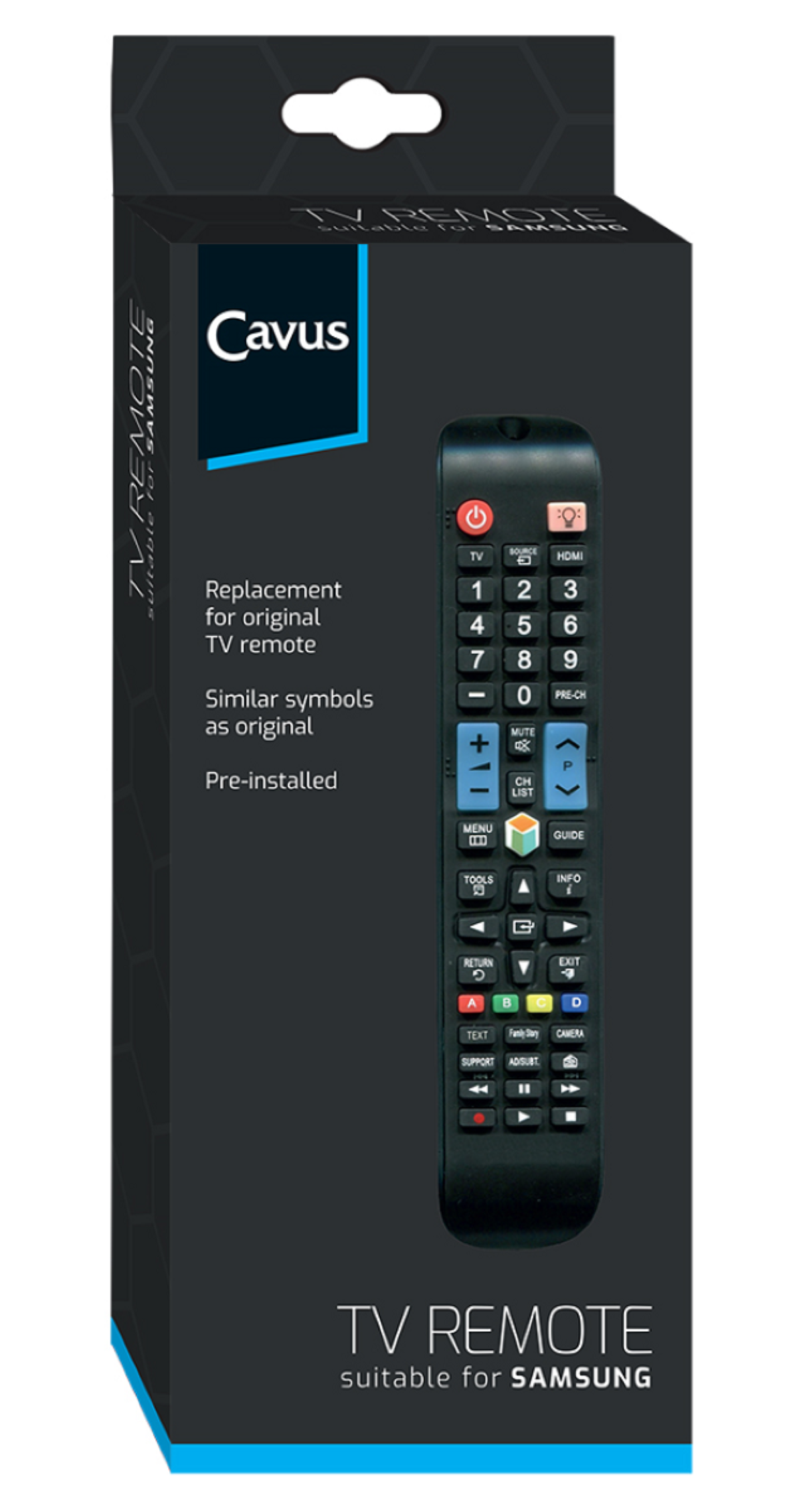TV-Fernbedienung in der Box. Schwarze Box mit Text und Bildern. Die Fernbedienung ist schwarz mit vielen Knöpfen.
