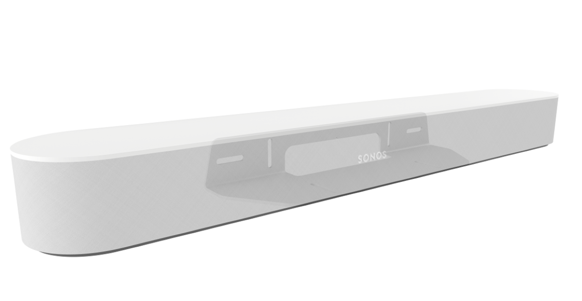 Witte soundbar met Sonos-logo. Lang, slank ontwerp met een transparant gedeelte in het midden.