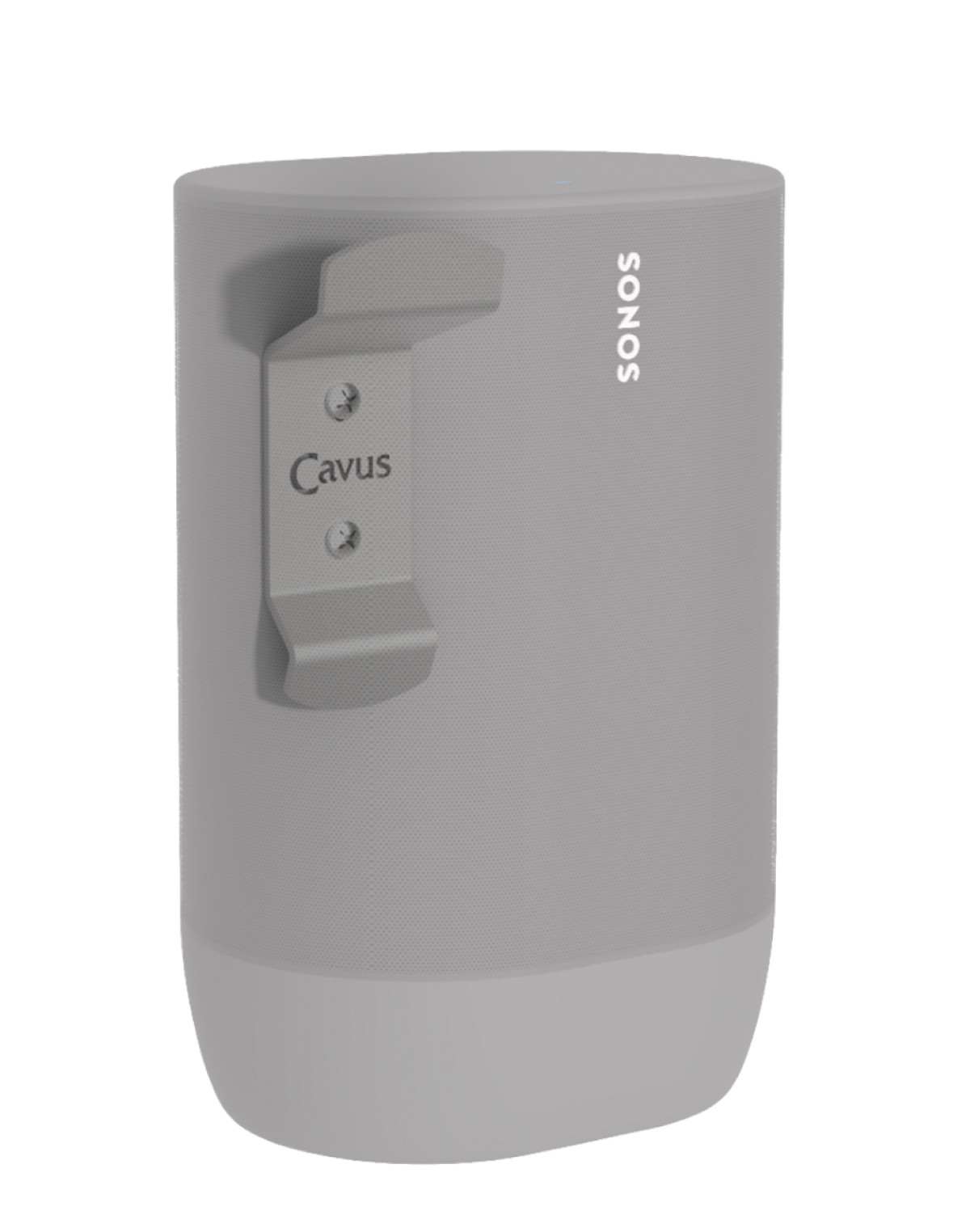 Grijze luidspreker met een grijze beugel met het label Cavus. De luidspreker heeft het Sonos-logo.