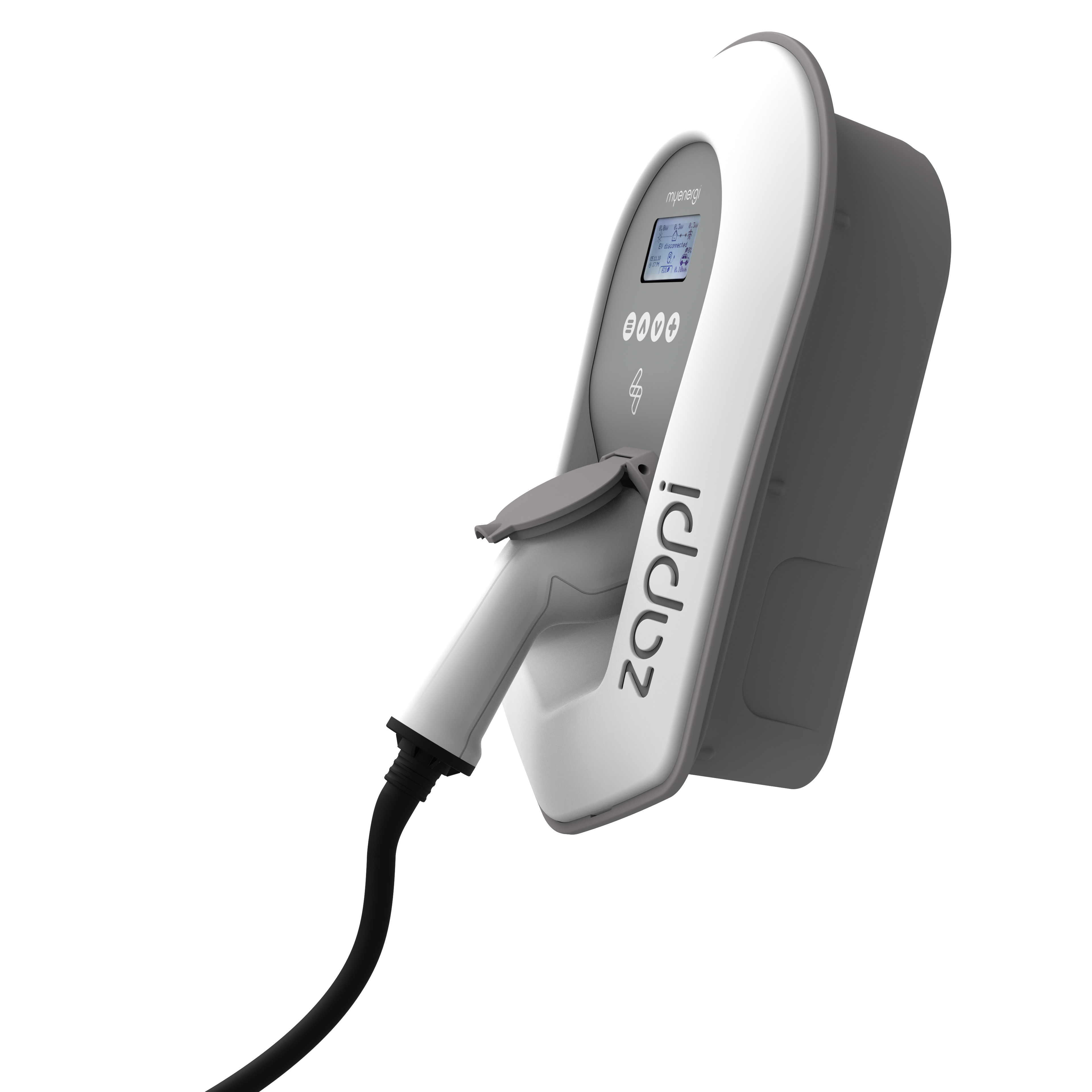 White and gray electric vehicle charger with a charging cable and plug.