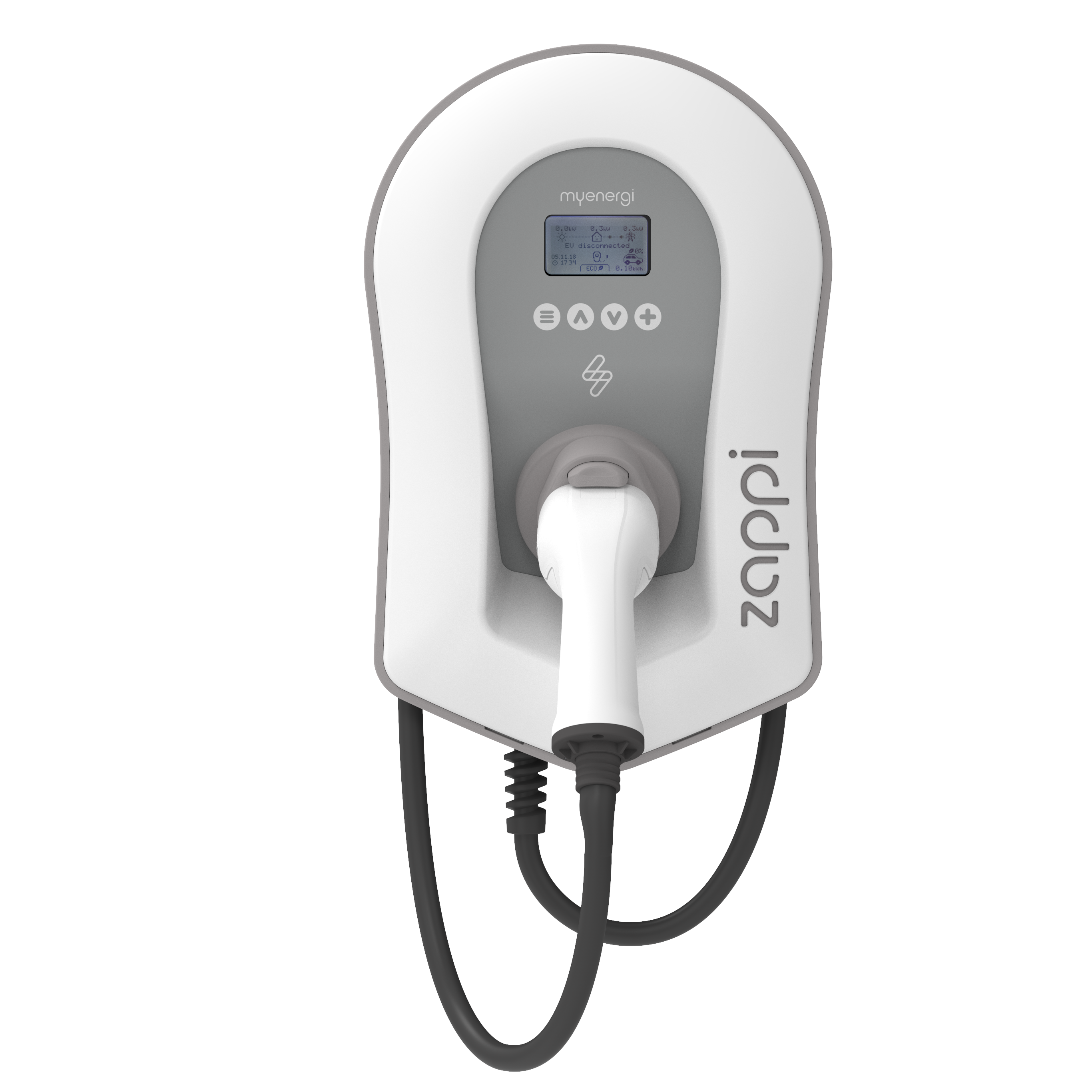 White and grey EV charger with a charging cable. It has a display and buttons.