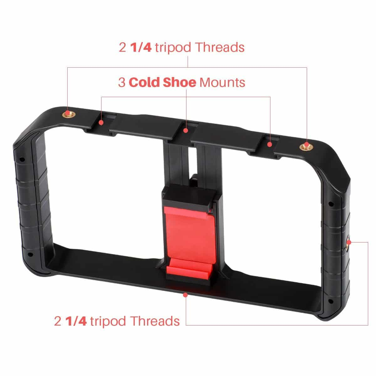 Zwart telefoonhouderframe met statiefschroefdraad en cold shoe-bevestigingen, gelabeld.