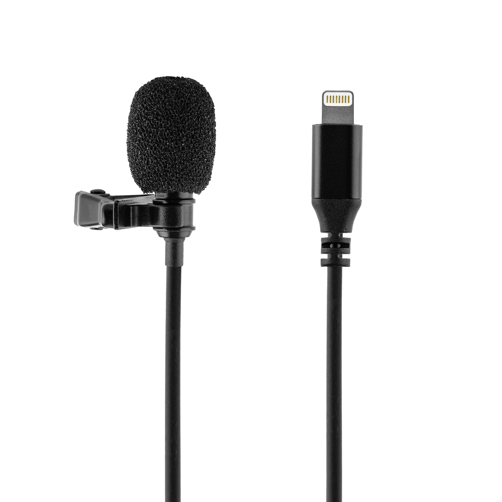 Zwarte dasspeldmicrofoon met kabel en een lightning-connector op een witte achtergrond.