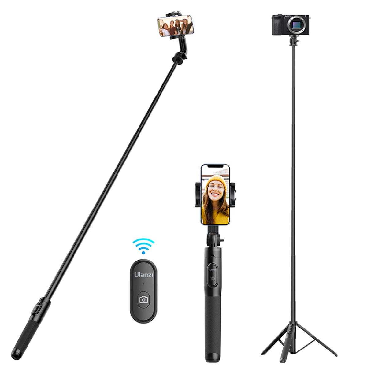 Perches à selfie noires avec téléphones attachés. Télécommande incluse. Fond blanc.