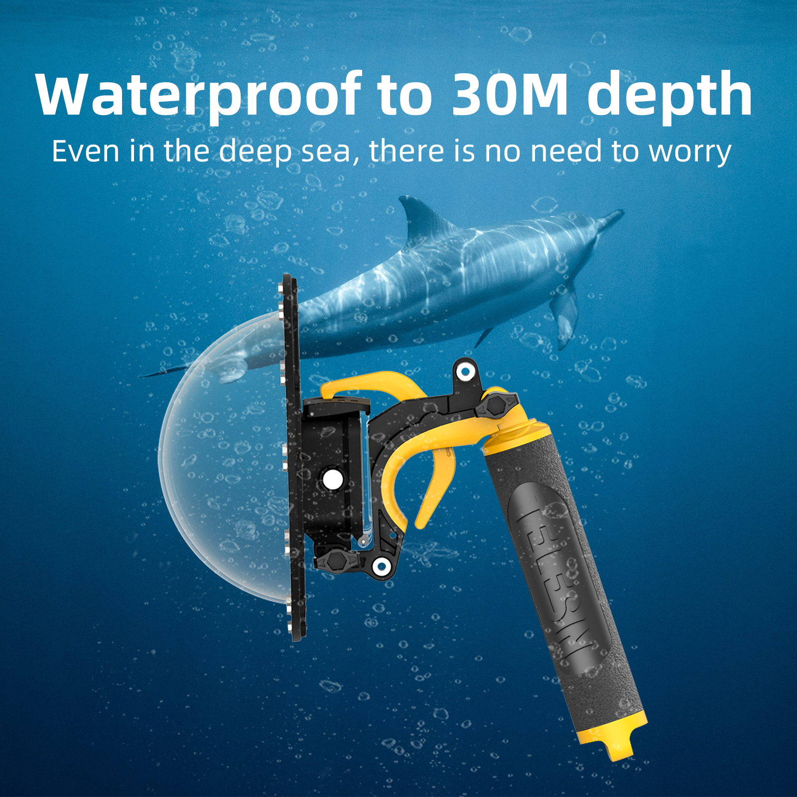 Een onderwatercamera-opstelling met een dolfijn op de achtergrond. De rig is geel en zwart.