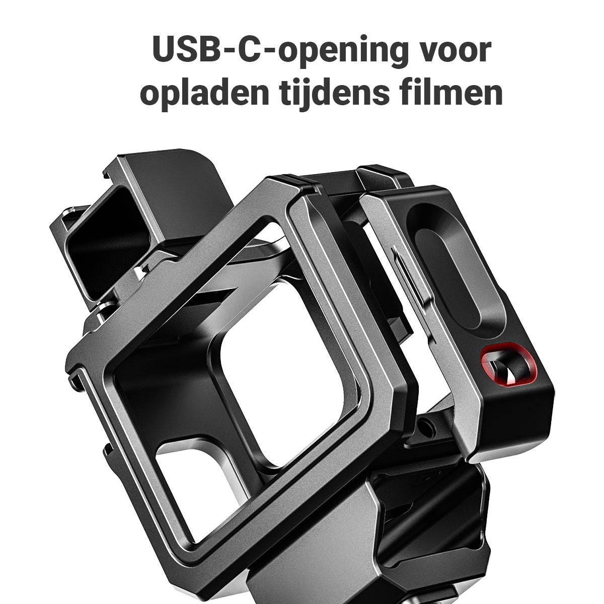 Zwart metalen frame met USB-C-poort. Tekst: USB-C-opening voor opladen tijdens het filmen.