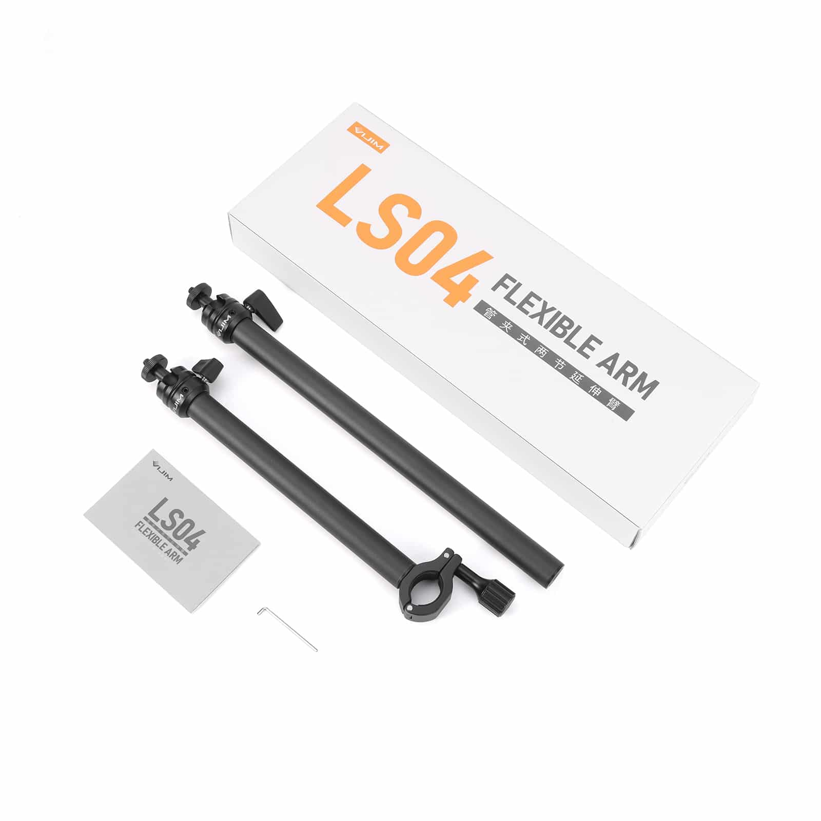 Black flexible arm with white box. Text: LS04 FLEXIBLE ARM. Accessories include screws.