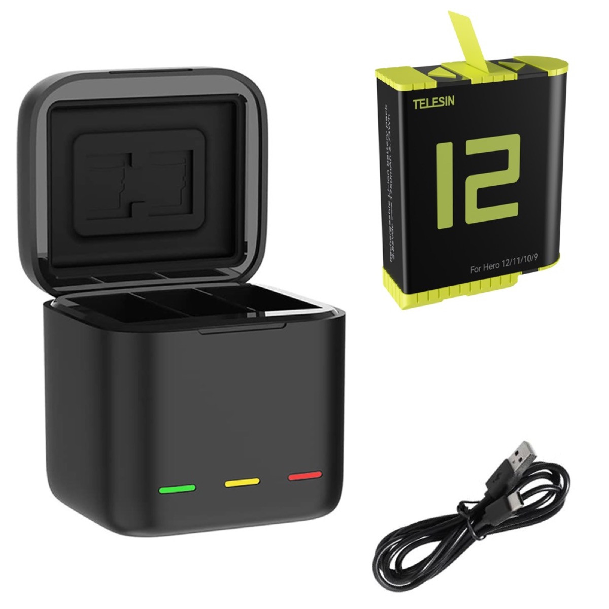 Chargeur GoPro noir avec batterie et câble de chargement.