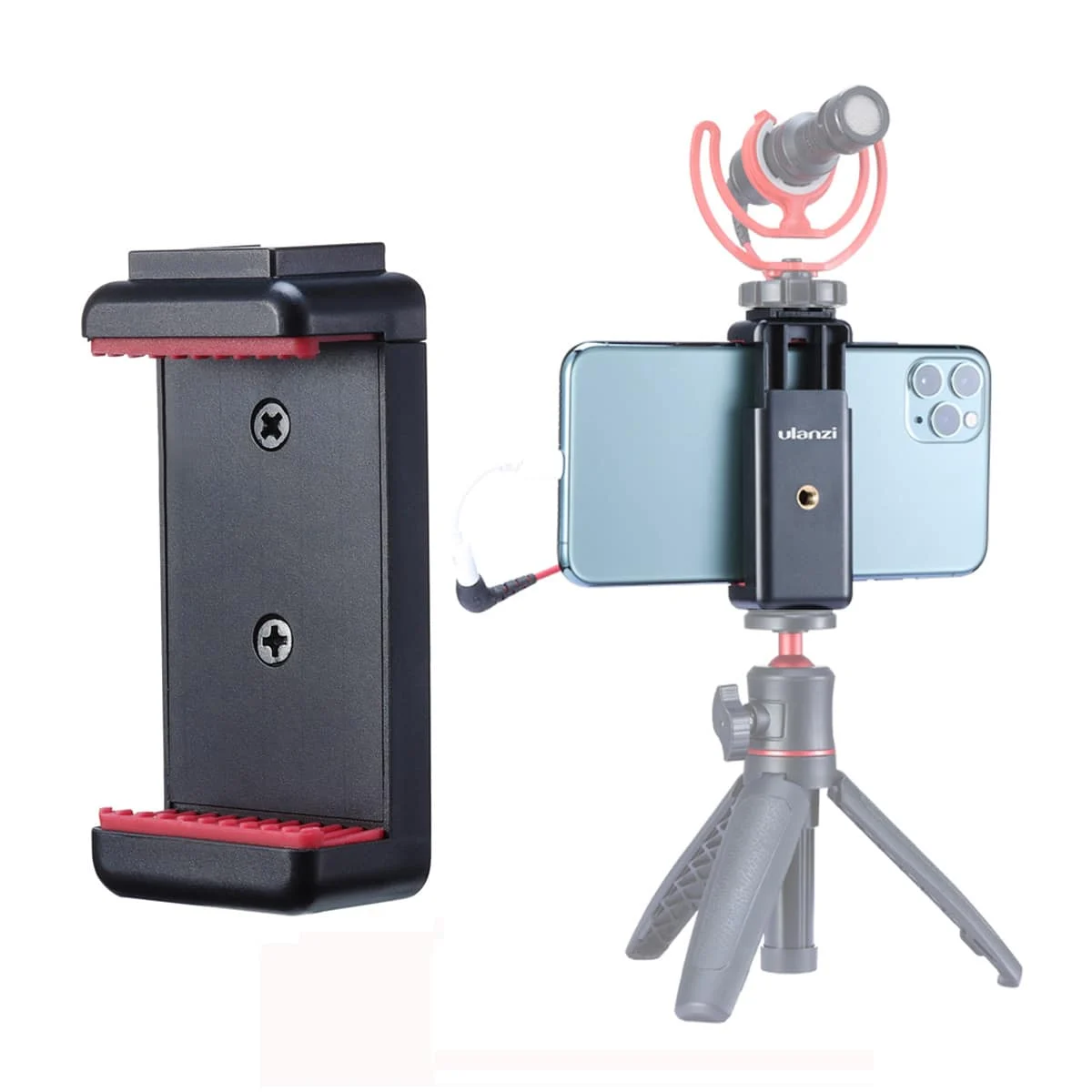 Support de téléphone avec téléphone et microphone. Le téléphone est monté sur un trépied avec un micro.