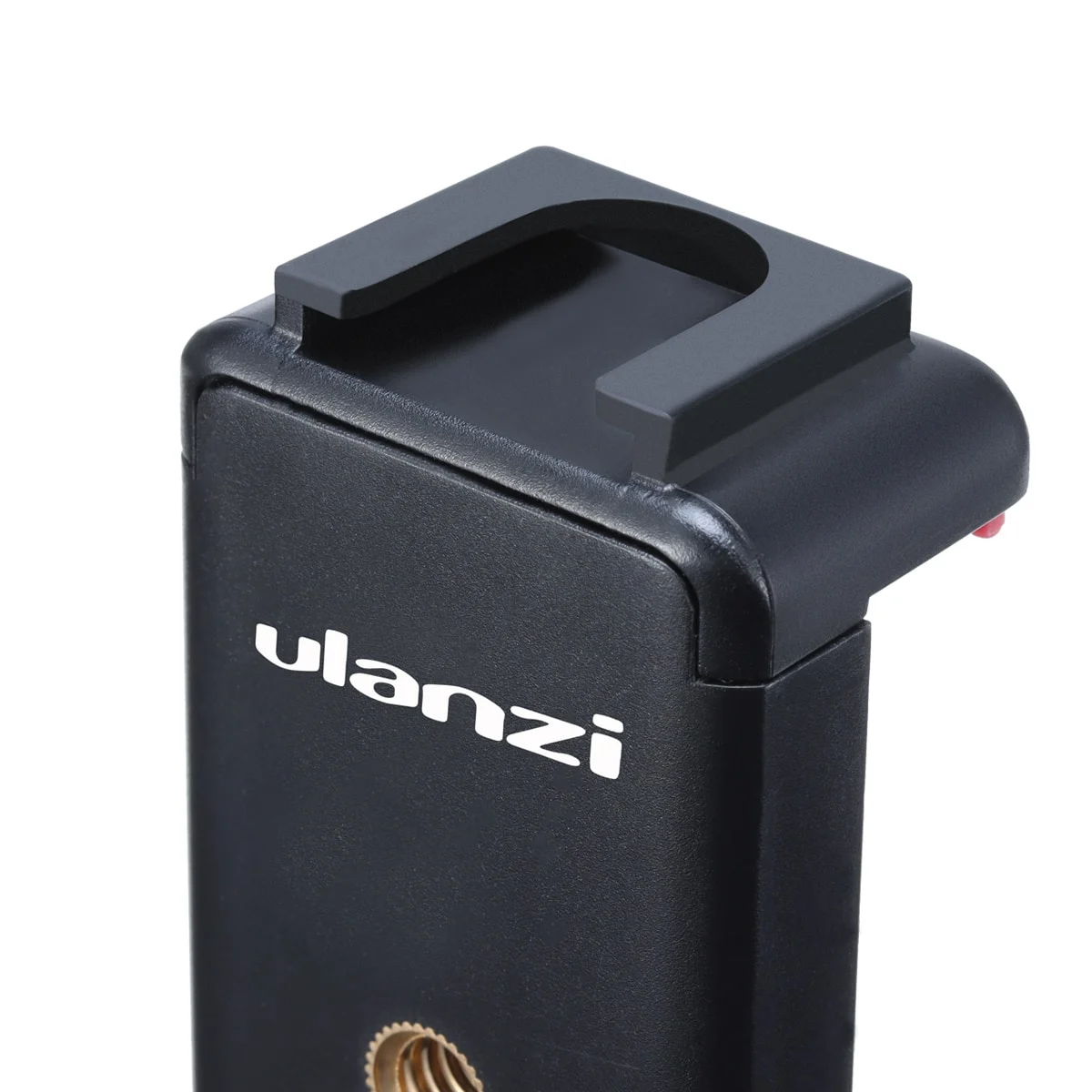 Accessoire de caméra noir avec texte Ulanzi blanc. Il a un support pour caméra en haut.