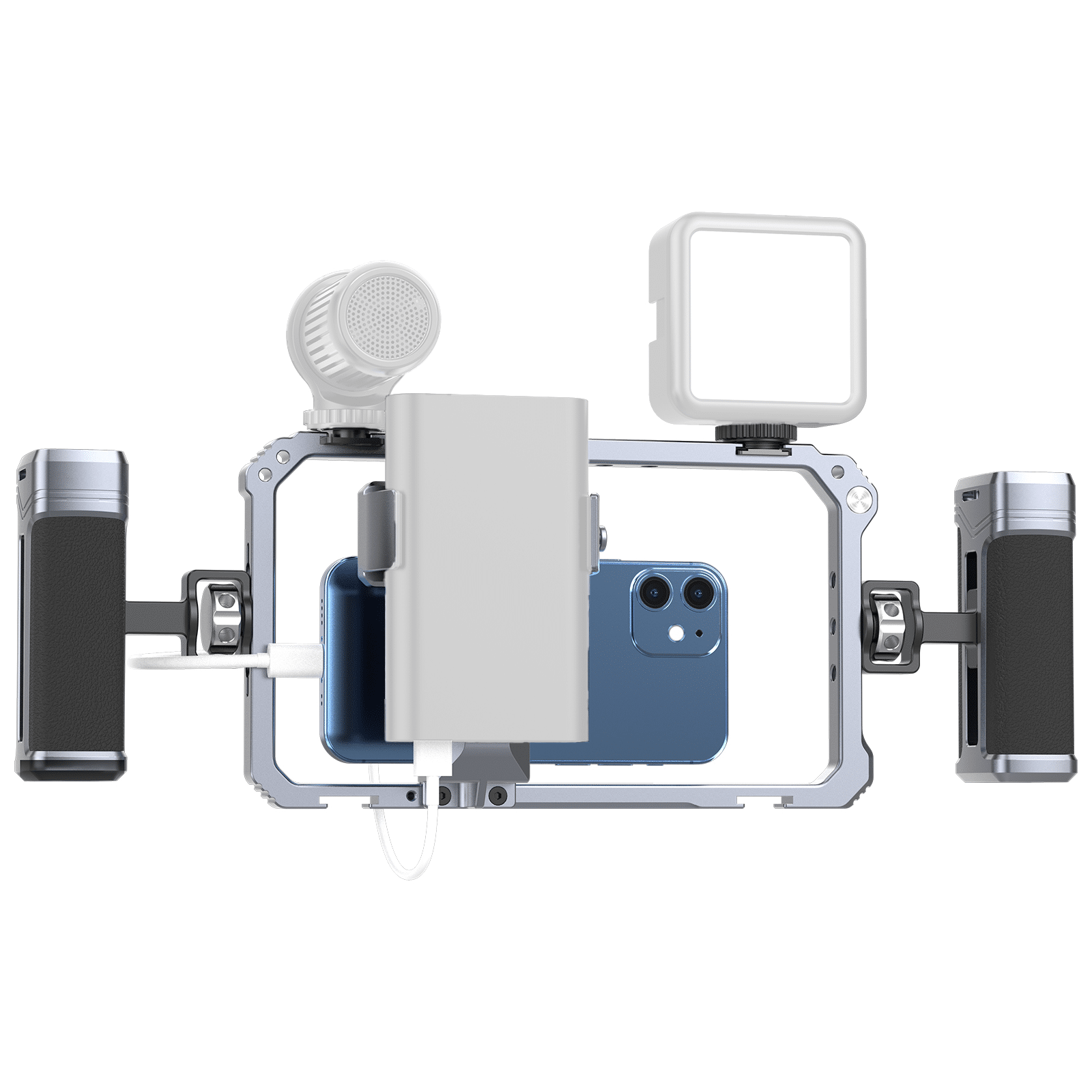 Smartphone video-rig met microfoon, lamp en powerbank accessoires.