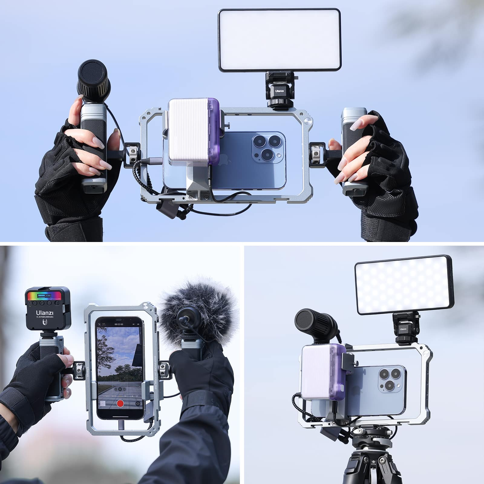 Meerdere afbeeldingen van een camera-opstelling met een telefoon, lampen en microfoons.