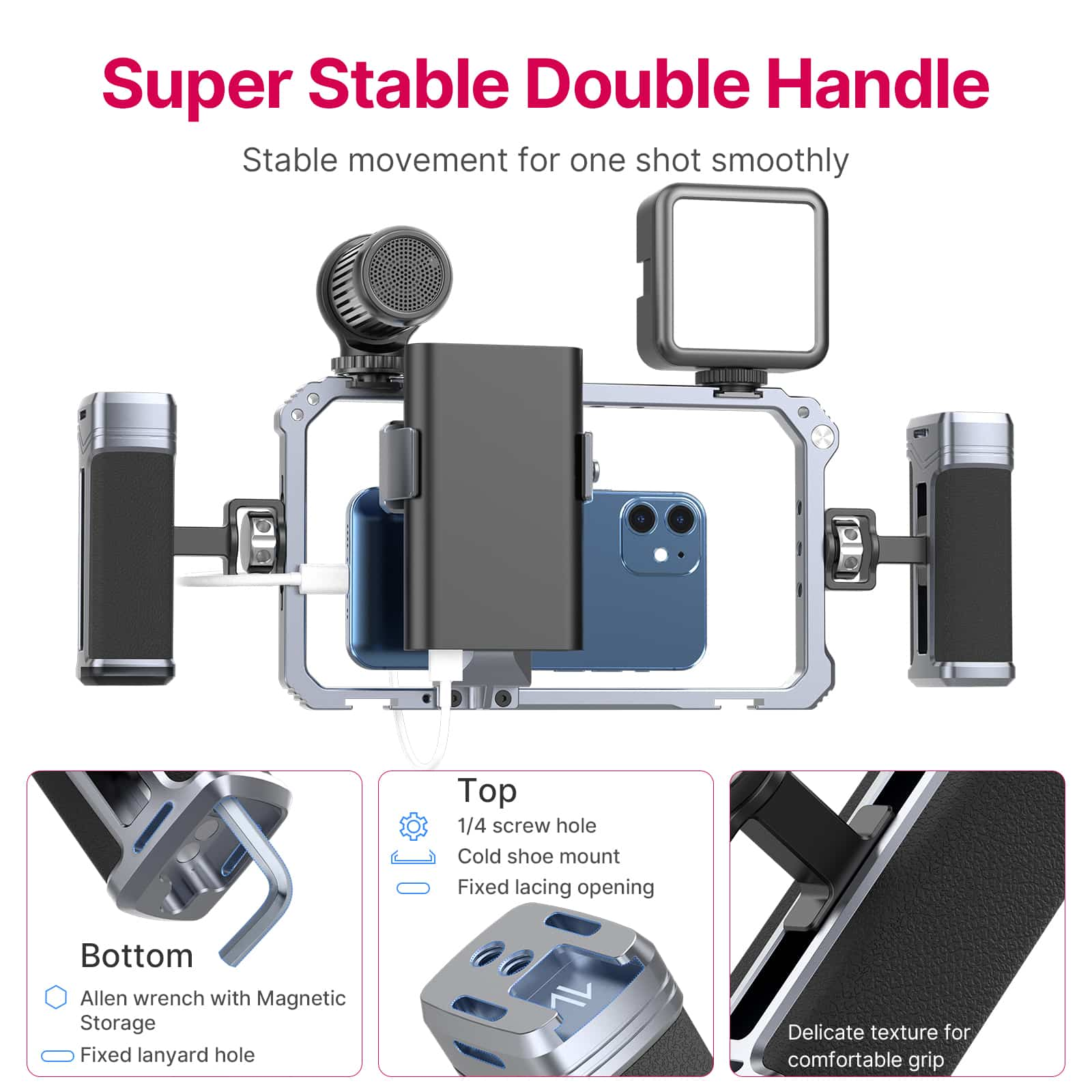 Een cameratuig met telefoon, microfoon en licht, met details over de kenmerken van het tuig.
