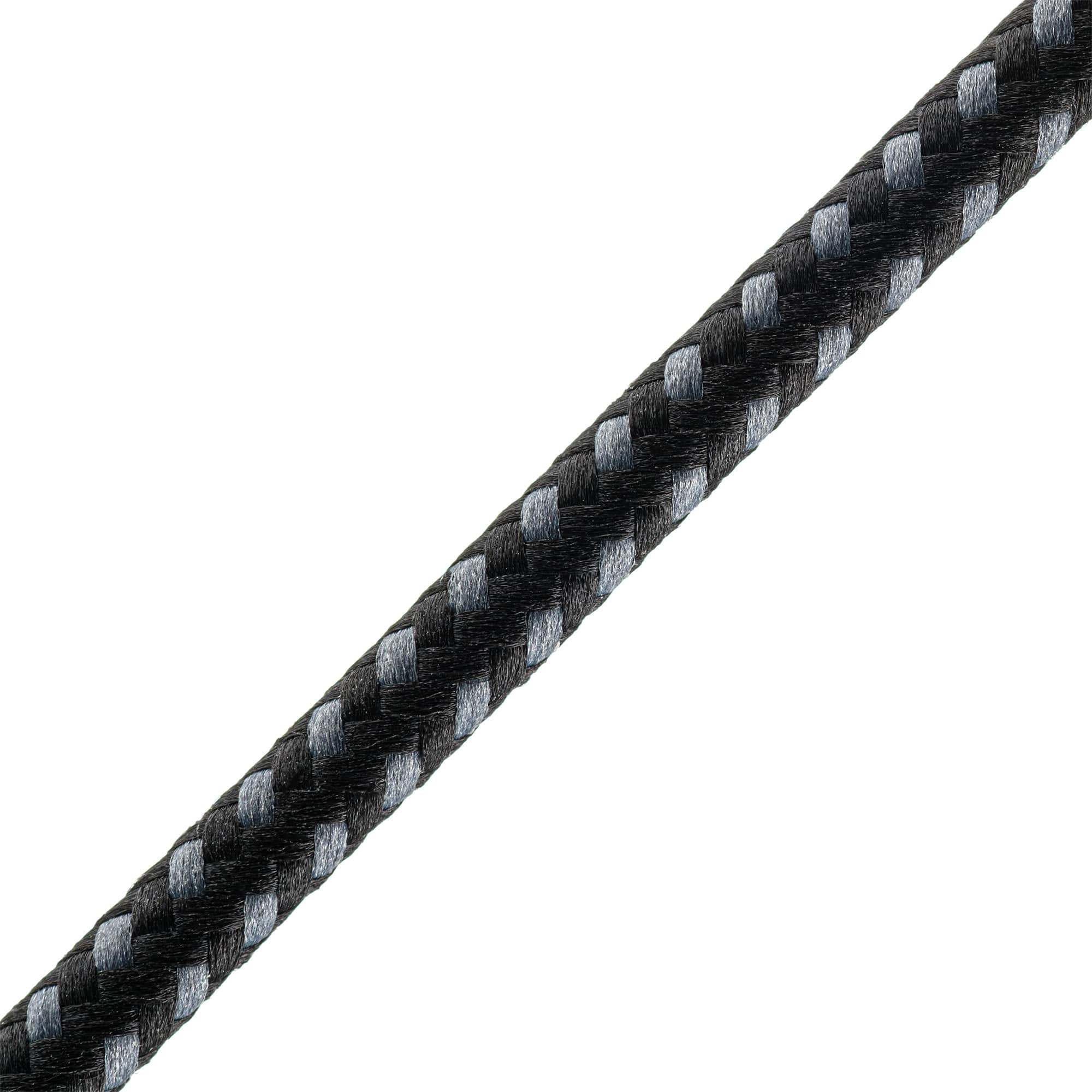 Corde tressée noire et grise, légèrement inclinée.