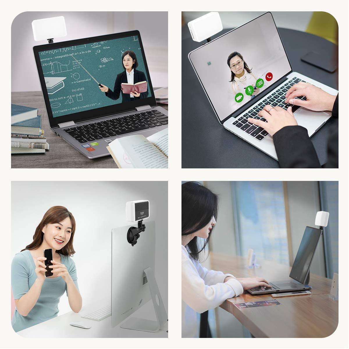 Quatre images d'ordinateurs portables avec des lumières attachées pour les appels vidéo. Les gens utilisent les ordinateurs portables dans différents contextes.