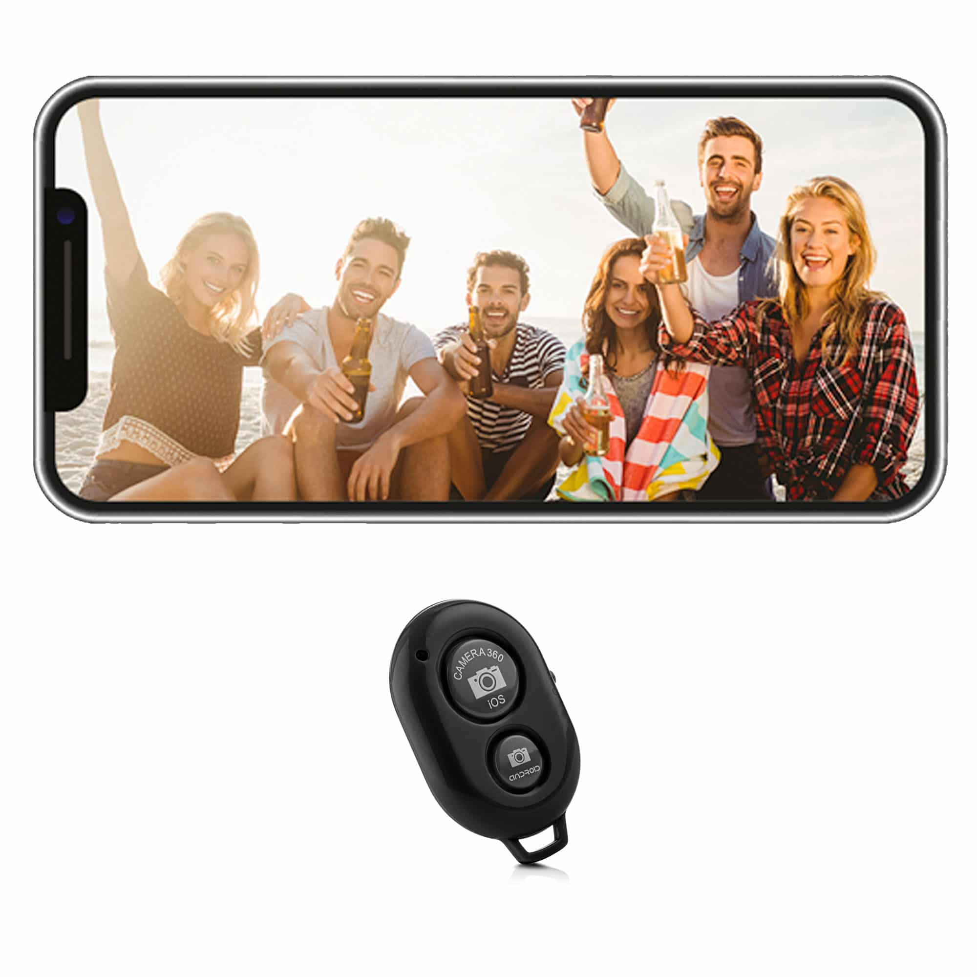 Een telefoonscherm toont een groep mensen op het strand. Een kleine zwarte afstandsbediening ervoor.