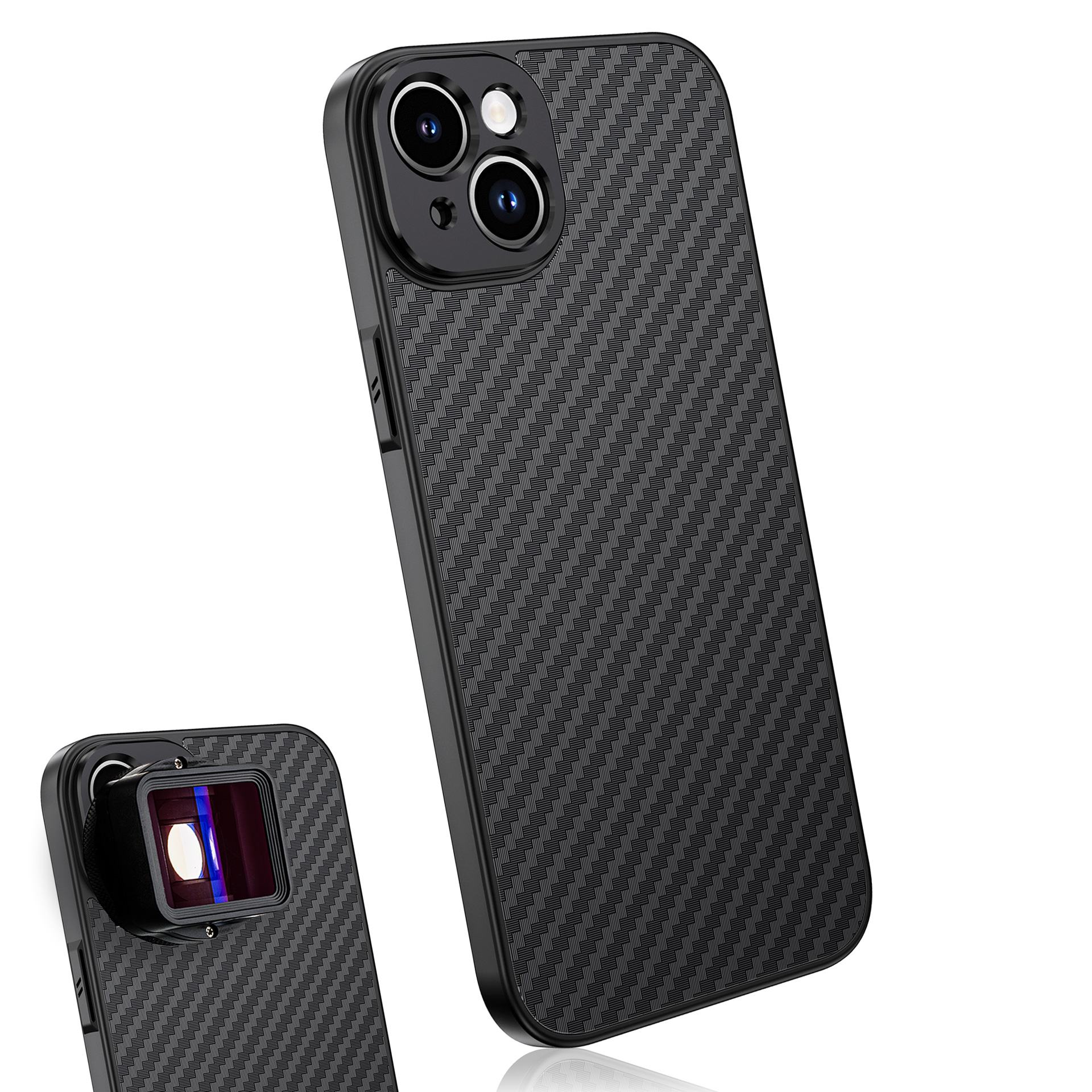 Coque de téléphone noire avec un motif en fibre de carbone. L'étui a deux objectifs. Fond blanc.