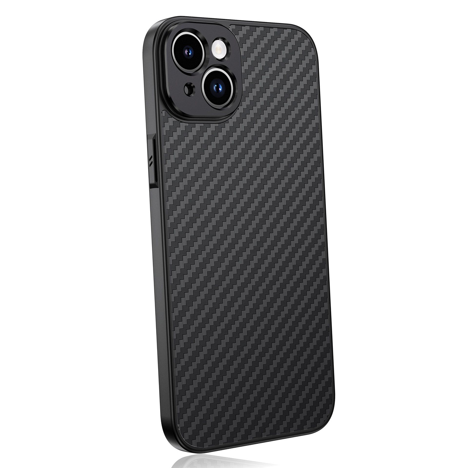 Coque de téléphone noire avec un motif texturé et une découpe pour double caméra.