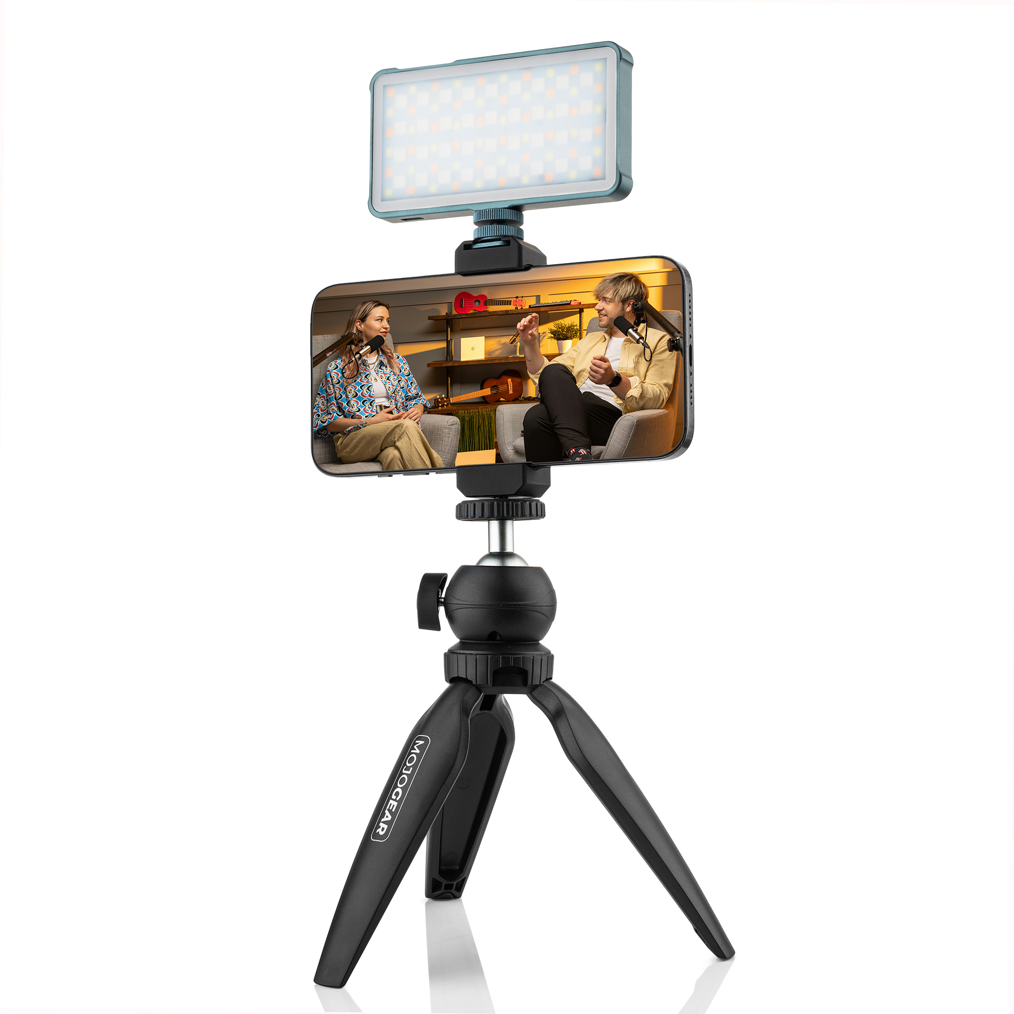 Smartphone with a video screen, a light, and a tripod. All black. The phone shows people.