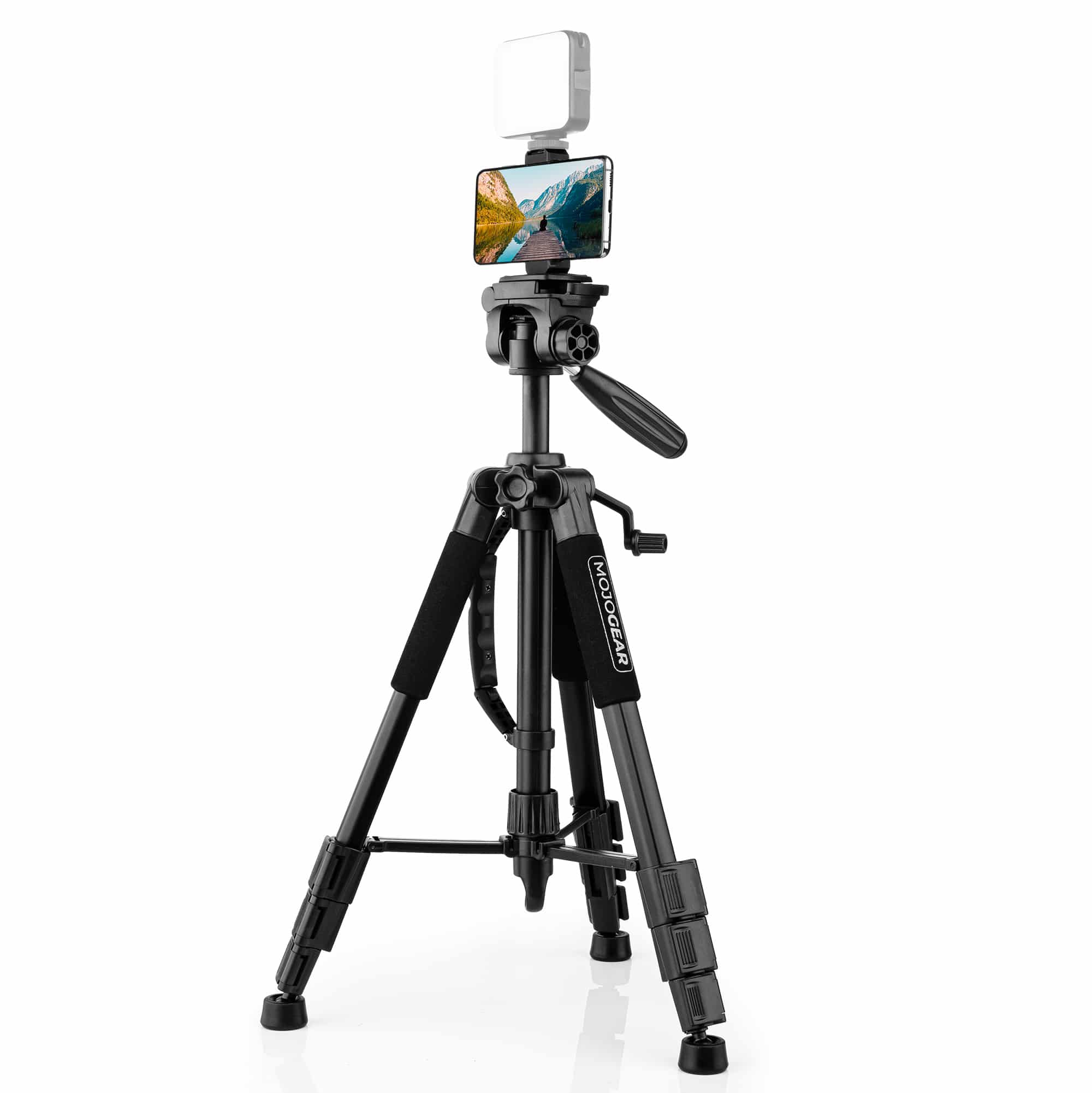 Black tripod with a phone and a light on top. White background.