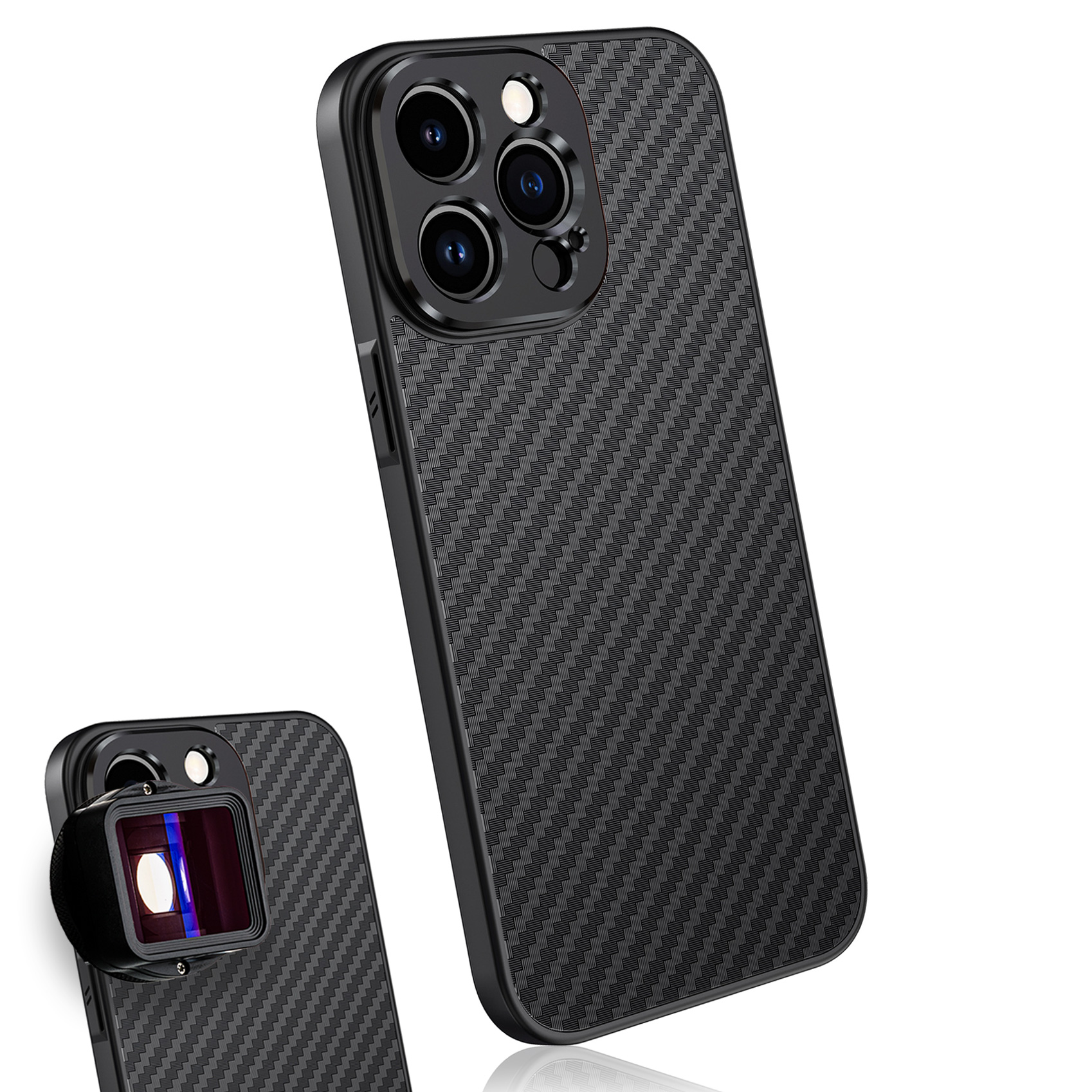 Coque de téléphone noire avec texture fibre de carbone. Fixation d'objectif en bas à gauche.