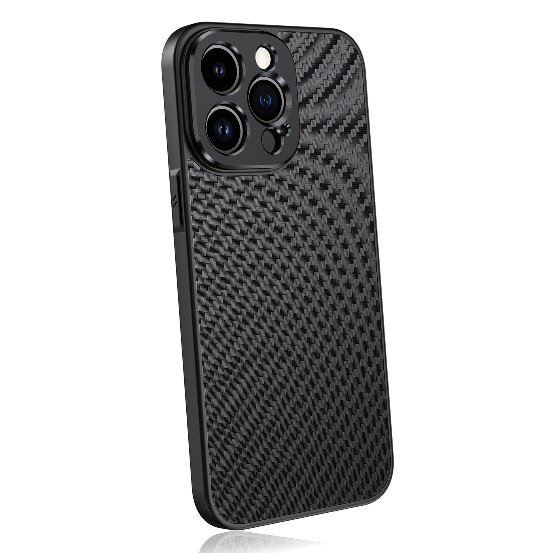 Coque de téléphone noire avec motif texturé, avec plusieurs objectifs d'appareil photo. Vue en angle.