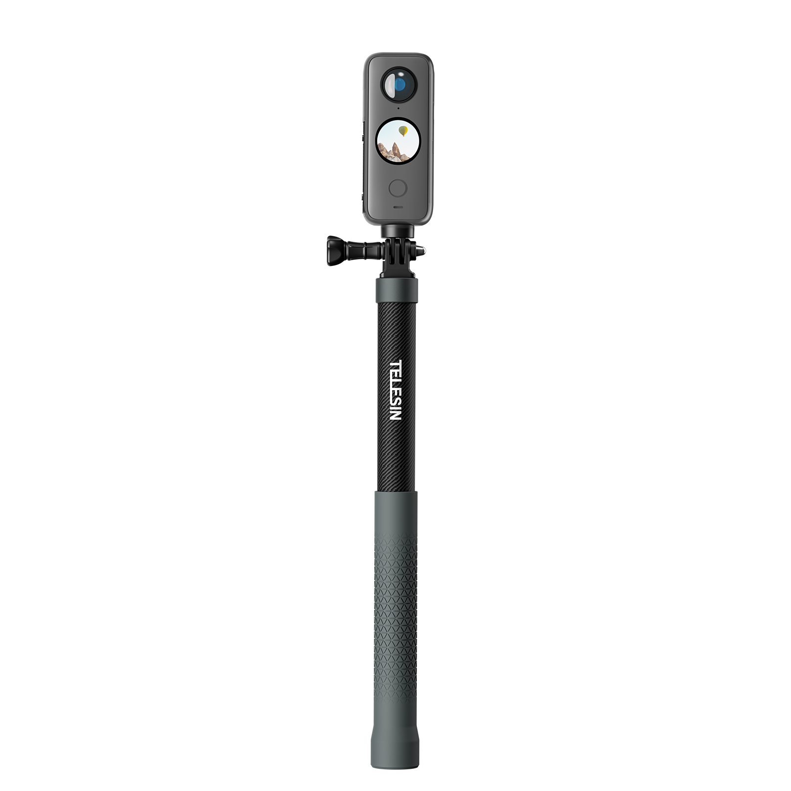 Zwarte en grijze camera met lange handgreep, tegen een witte achtergrond.